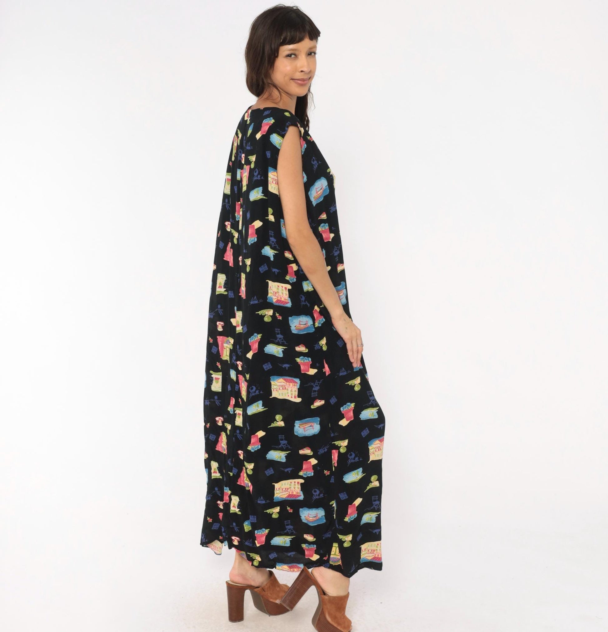 90s Positive Attitude Village Print Maxi Dress Black Plus Size 1X
