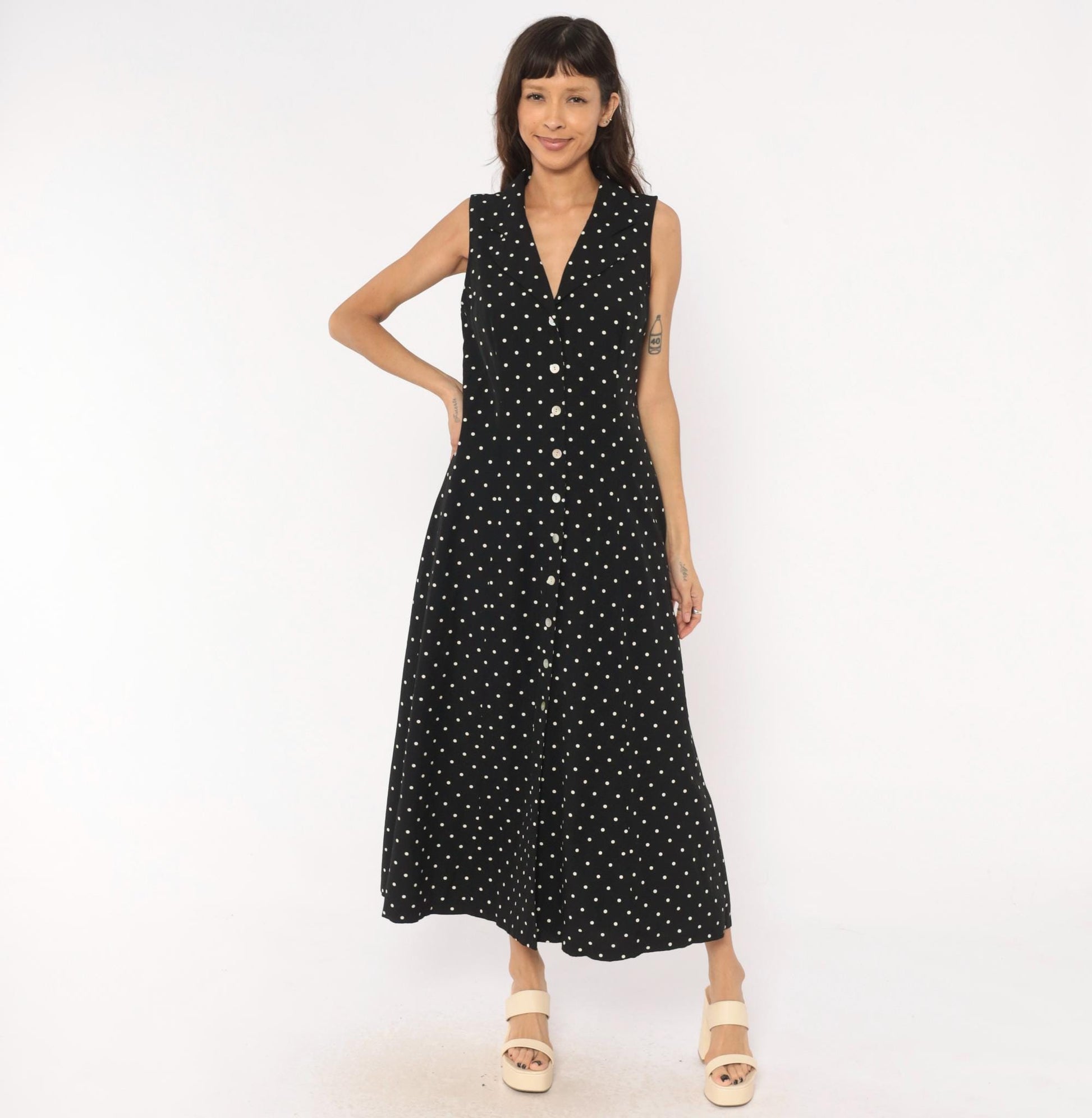 90s Dressbarn Black White Polka Dot Maxi Dress V Neck Button Front Large L
