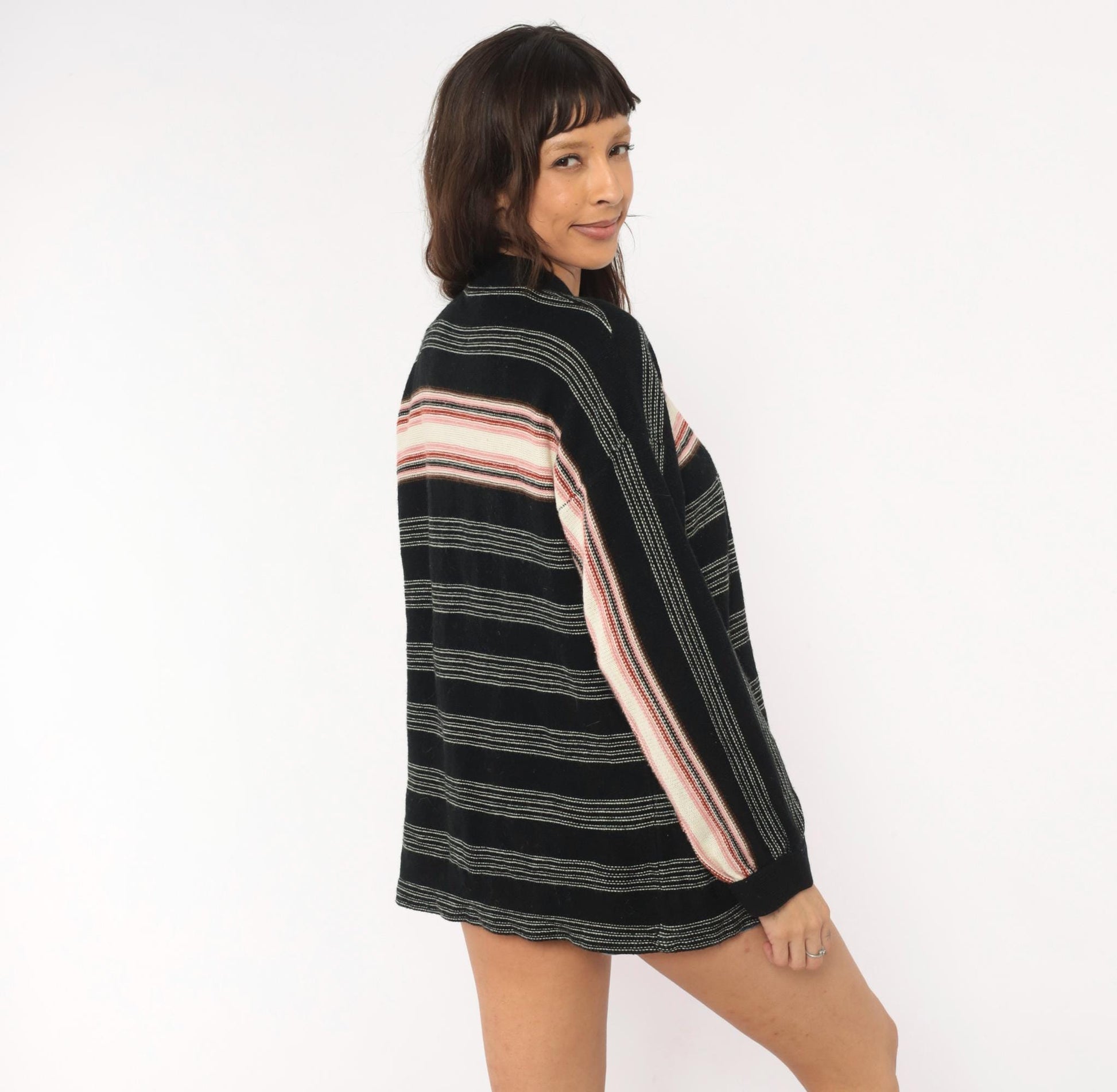 70s Striped Wrap Cardigan Black Pink Cream Knit V Neck Medium M