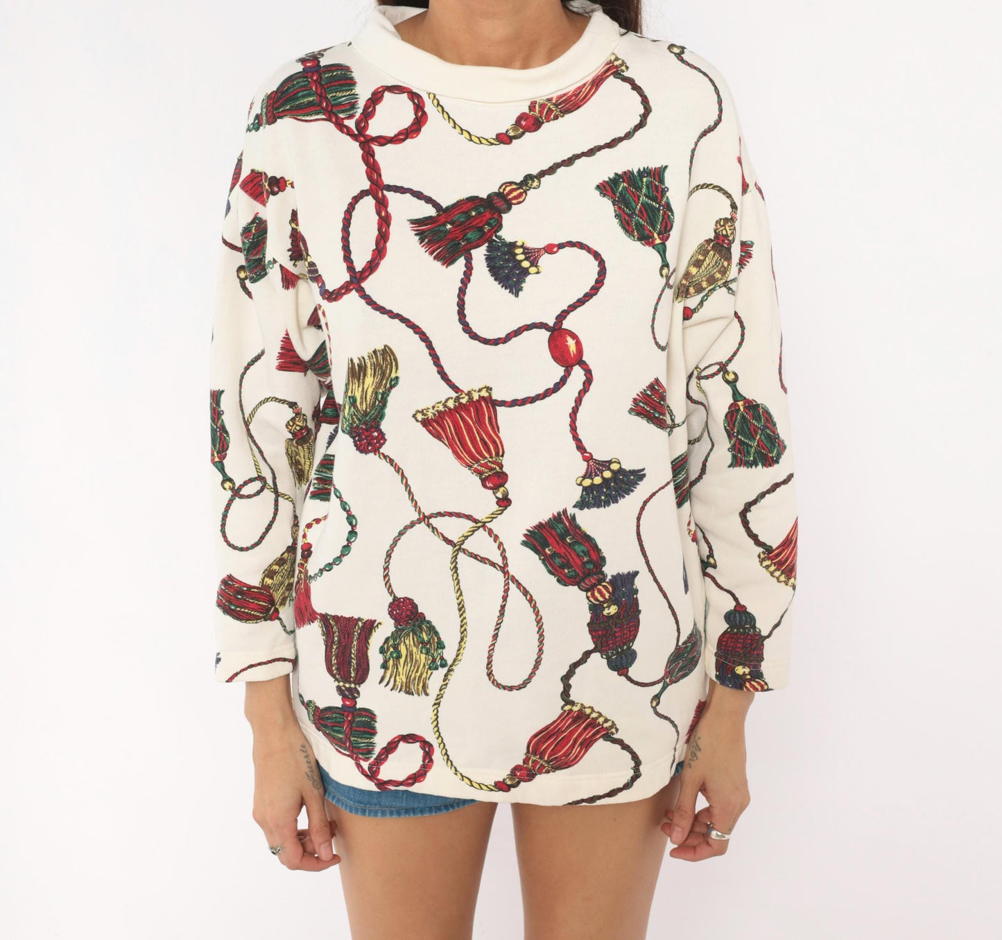 90s Cambridge Dry Goods Tassel Print Sweatshirt Cream Cowl Neck Small