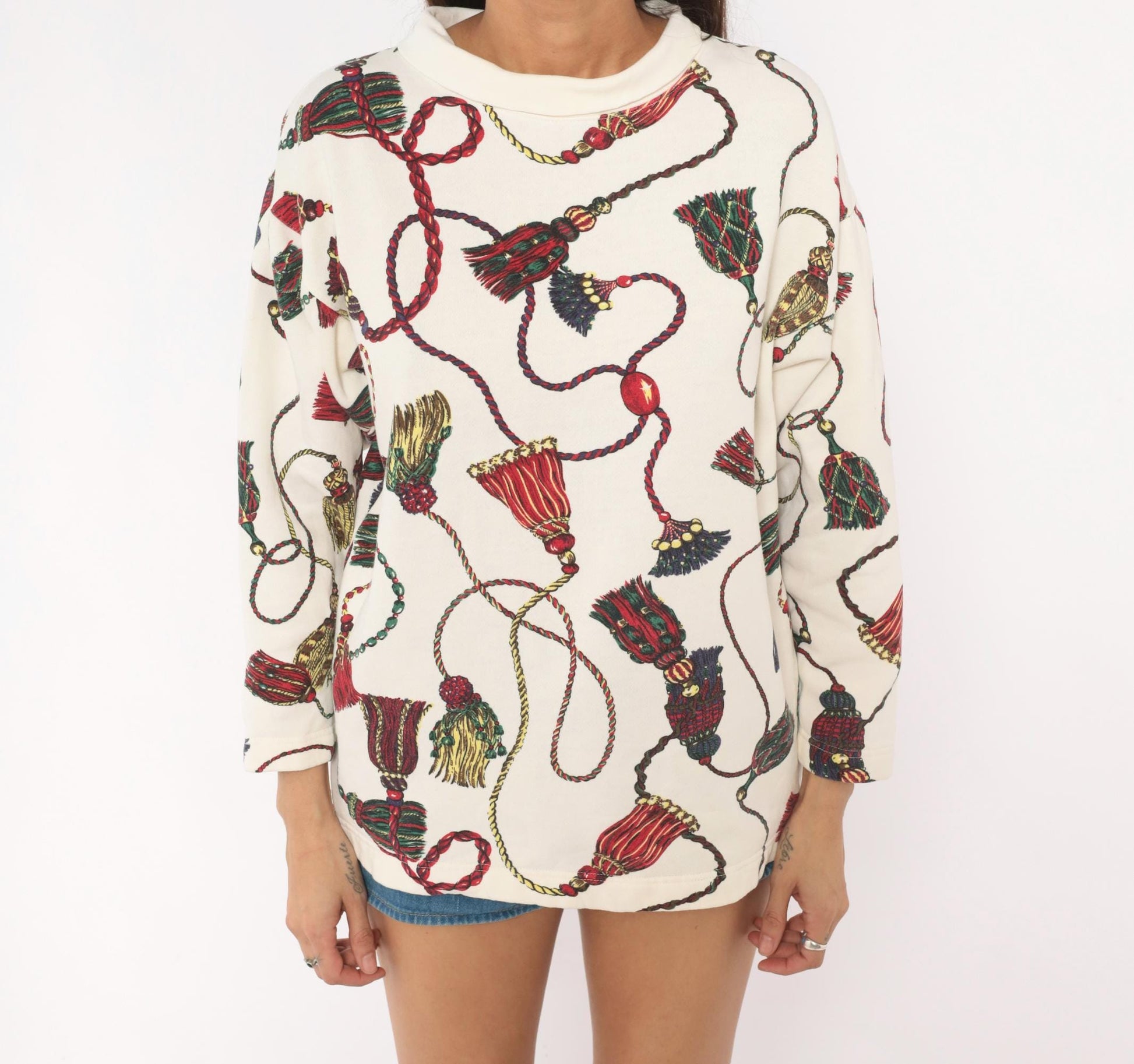 90s Cambridge Dry Goods Tassel Print Sweatshirt Cream Cowl Neck Small