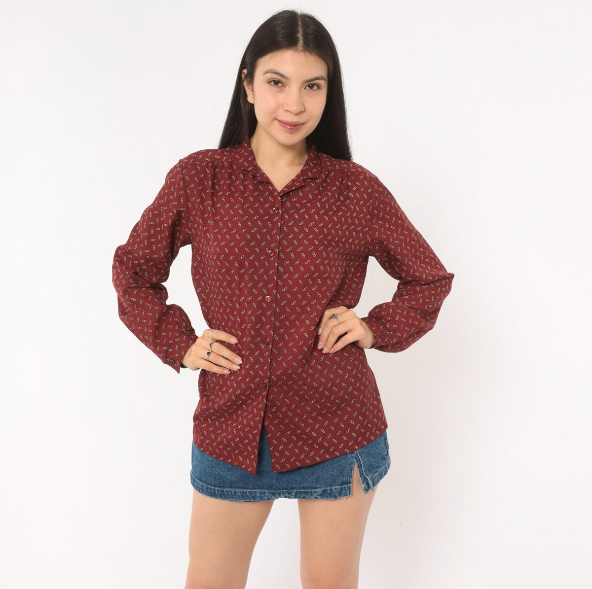 80s Koret Burgundy Chain Link Print Button Blouse Long Sleeve Medium M