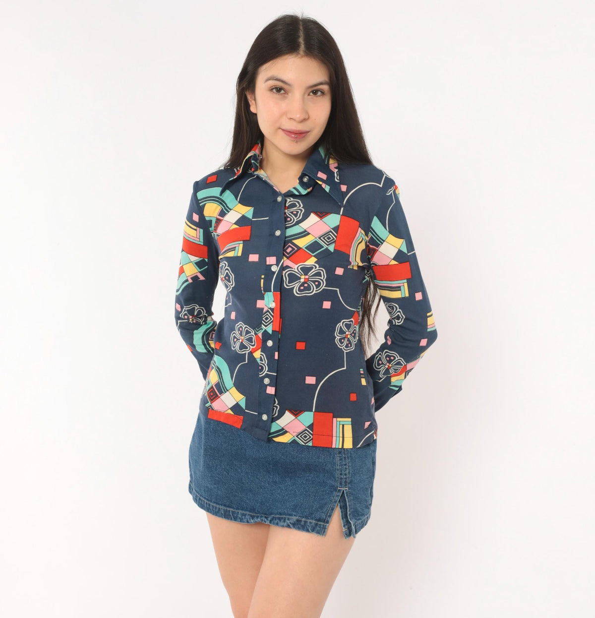 70s Panther Navy Geometric Floral Button Front Blouse Long Sleeve Small