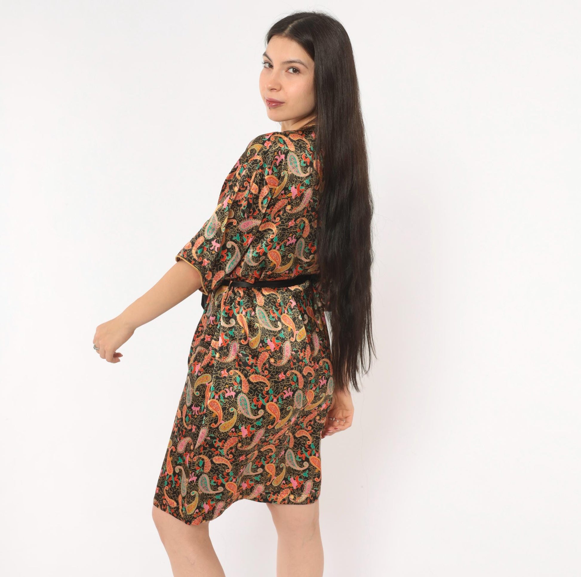 90s Barbizon Paisley Kimono Robe Wrap Front Tie Belt Black Gold Teal Pink Small