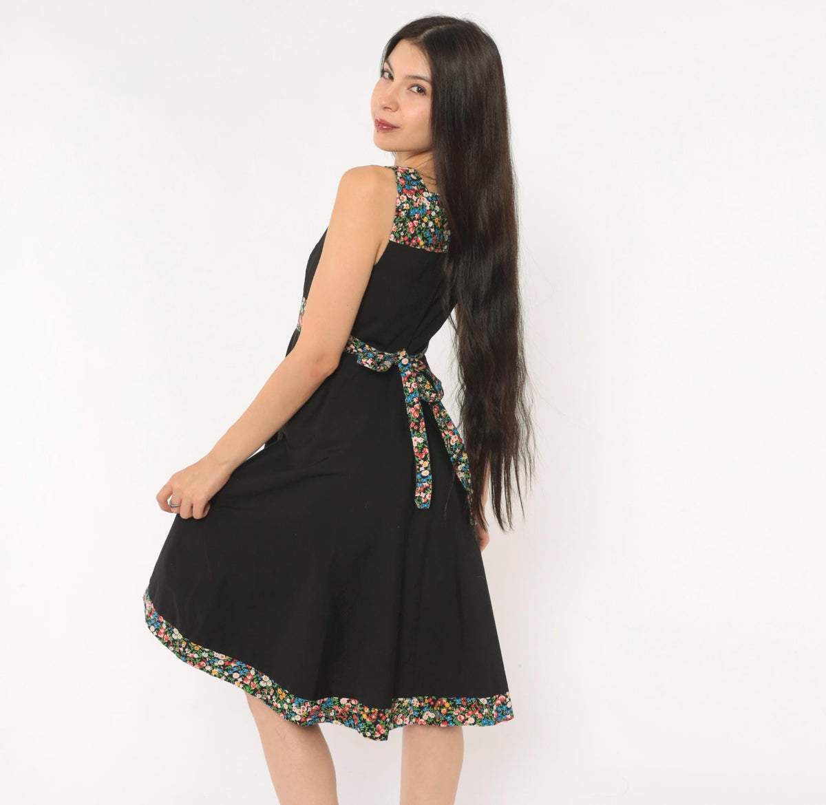 70s Tracy Petites Black Floral Calico Sundress Square Neck Tie Back XS