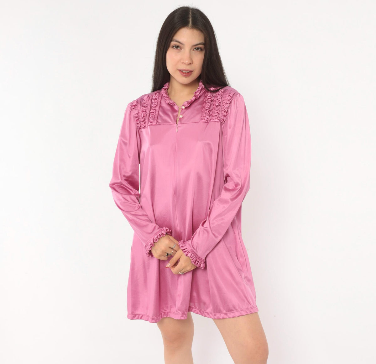 80s Vanity Fair Mauve Romper Ruffled Yoke Pearl Button Loungewear Large L