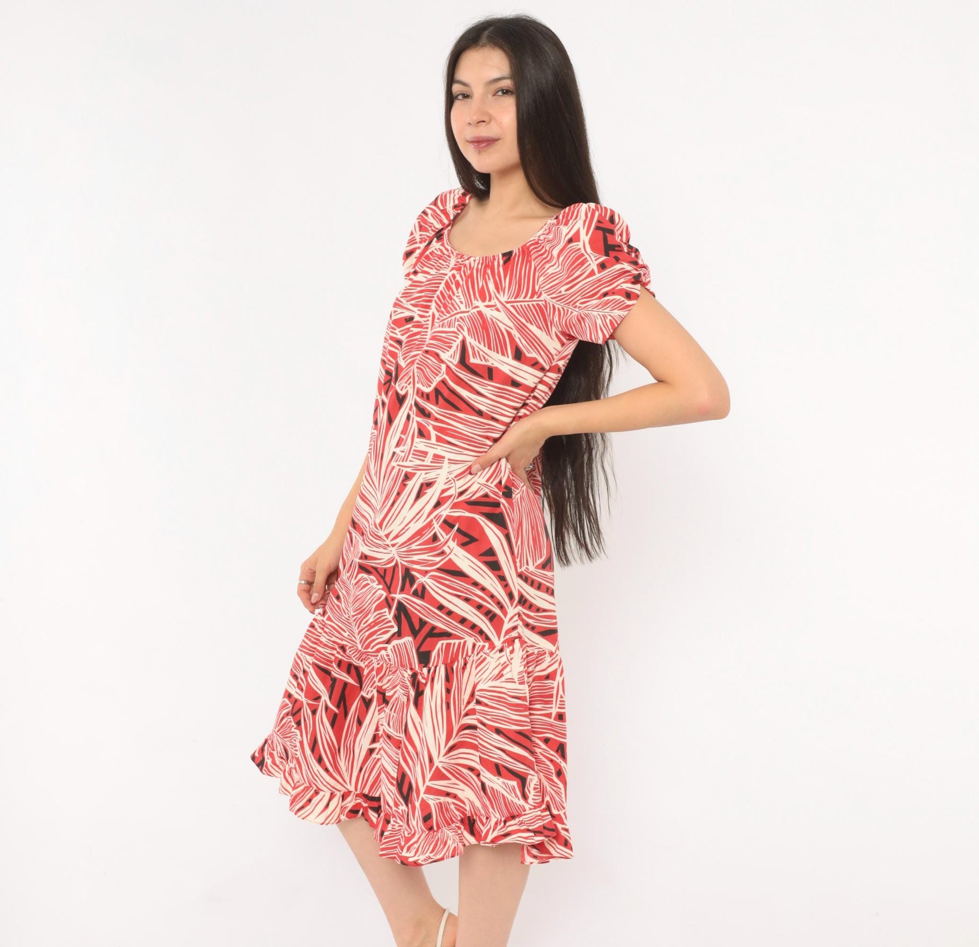 80s Me-Too Tropical Leaf Print Dress Red White Puff Sleeve Knee-Length XS