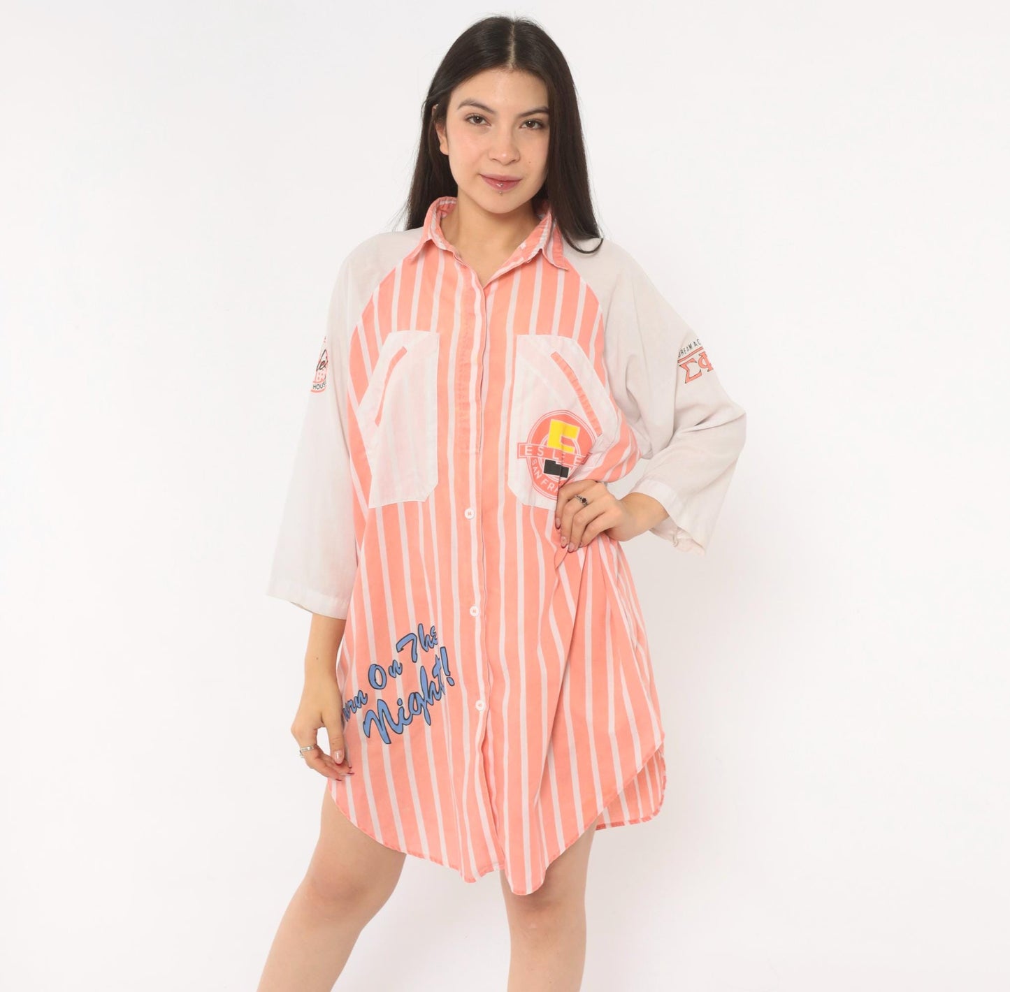 90s Esleep Pink Striped Sleep Shirt Knee-Length Raglan Nightgown Small