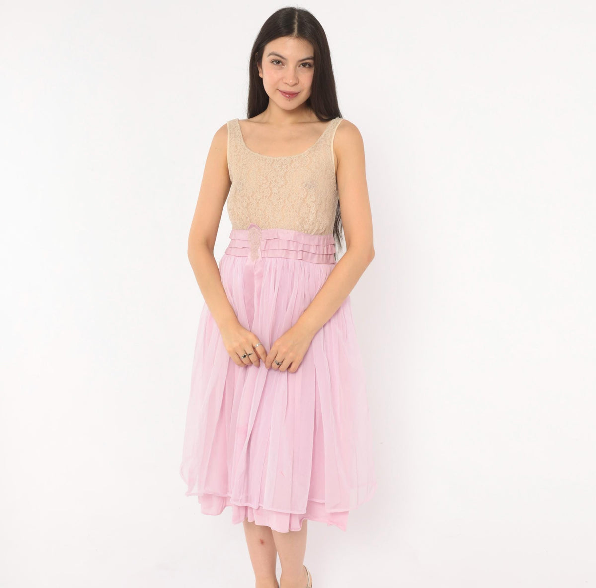 80s Carol Brent Lilac Chiffon Babydoll Dress Lace Bodice Lavender Small