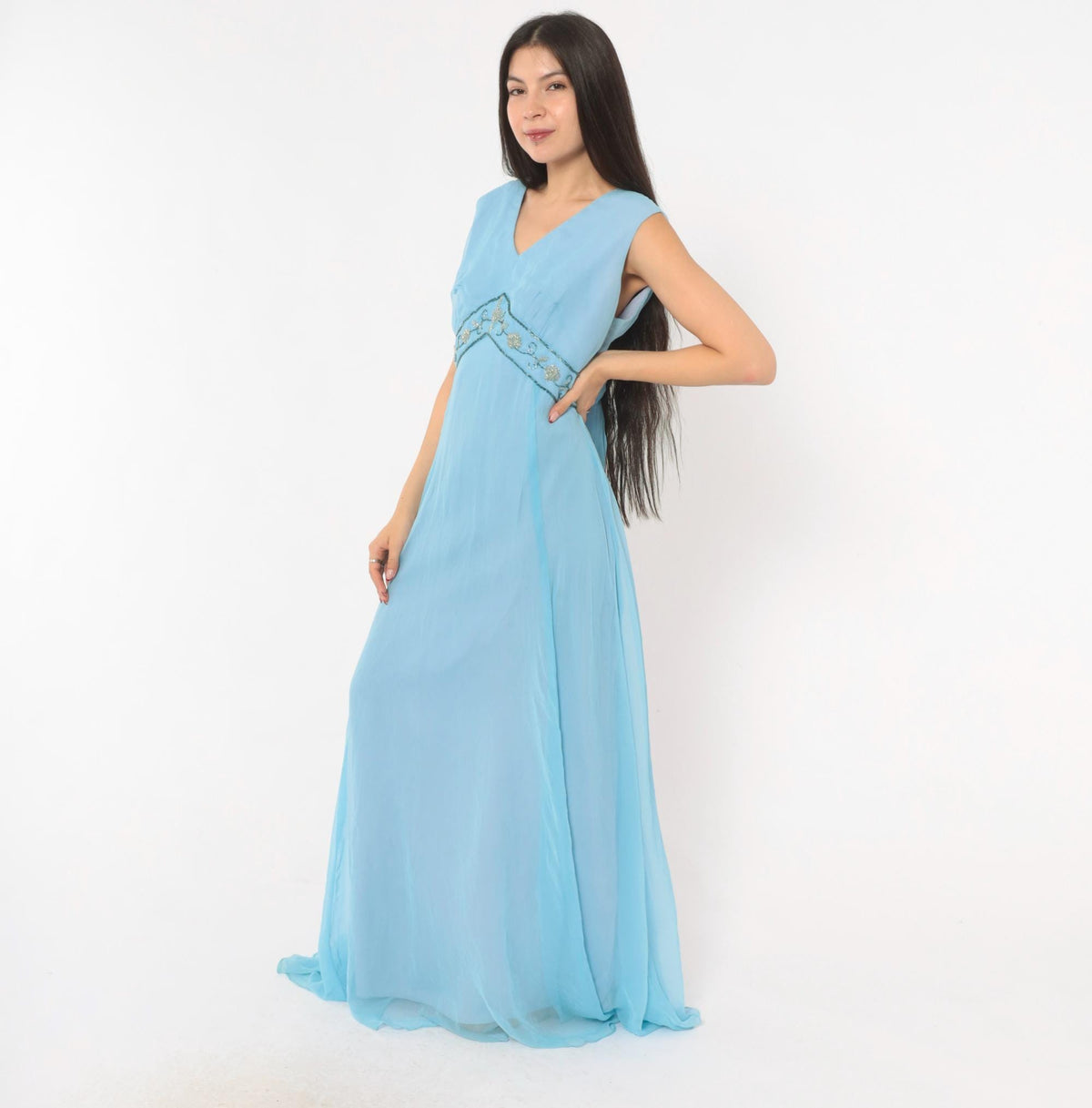 70s Elgin Dress Sky Blue Empire Waist Maxi Gown Beaded V Neck Large L