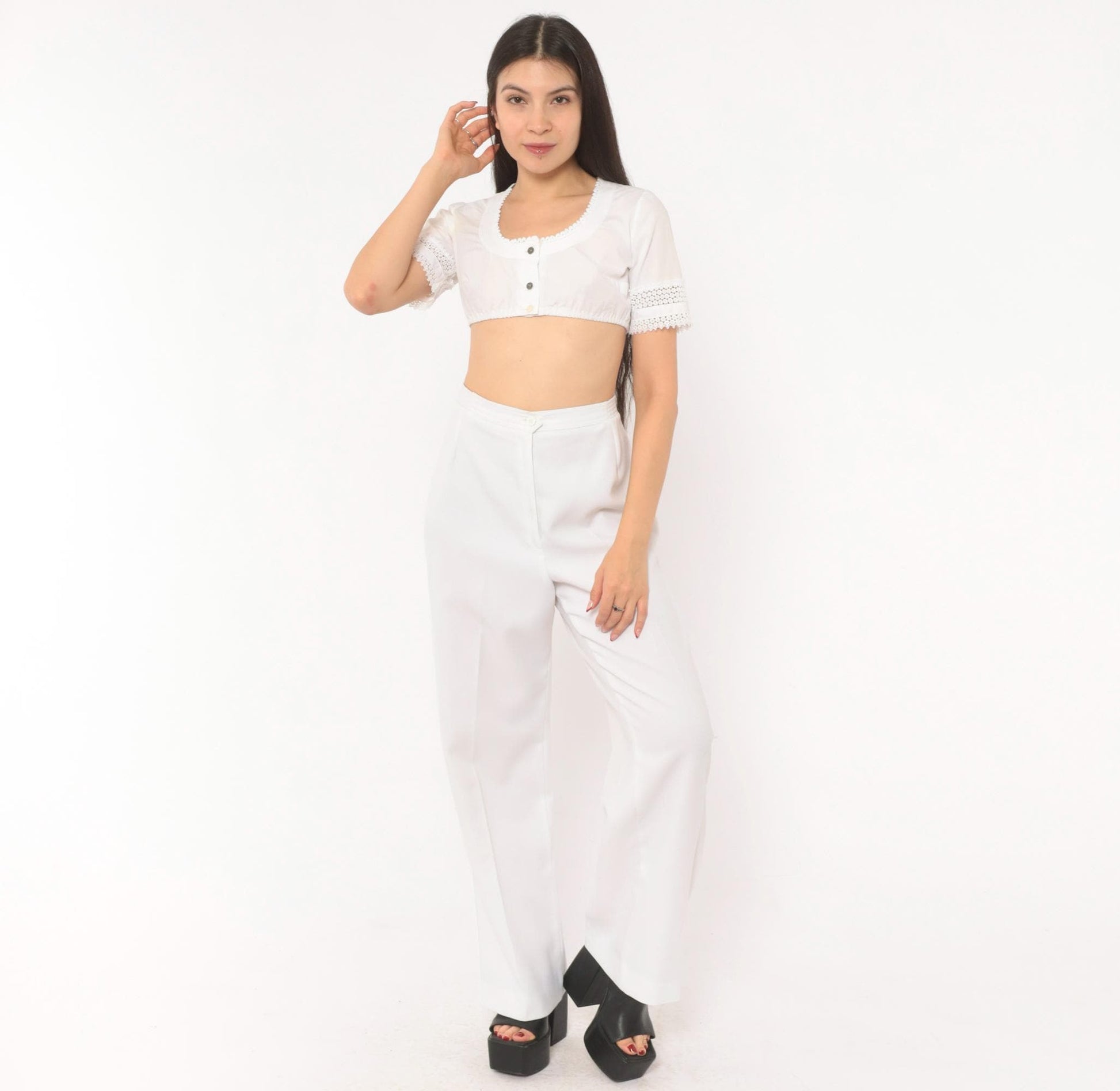 70s White High-Rise Wide-Leg Trousers Pleated Straight Pants Large L