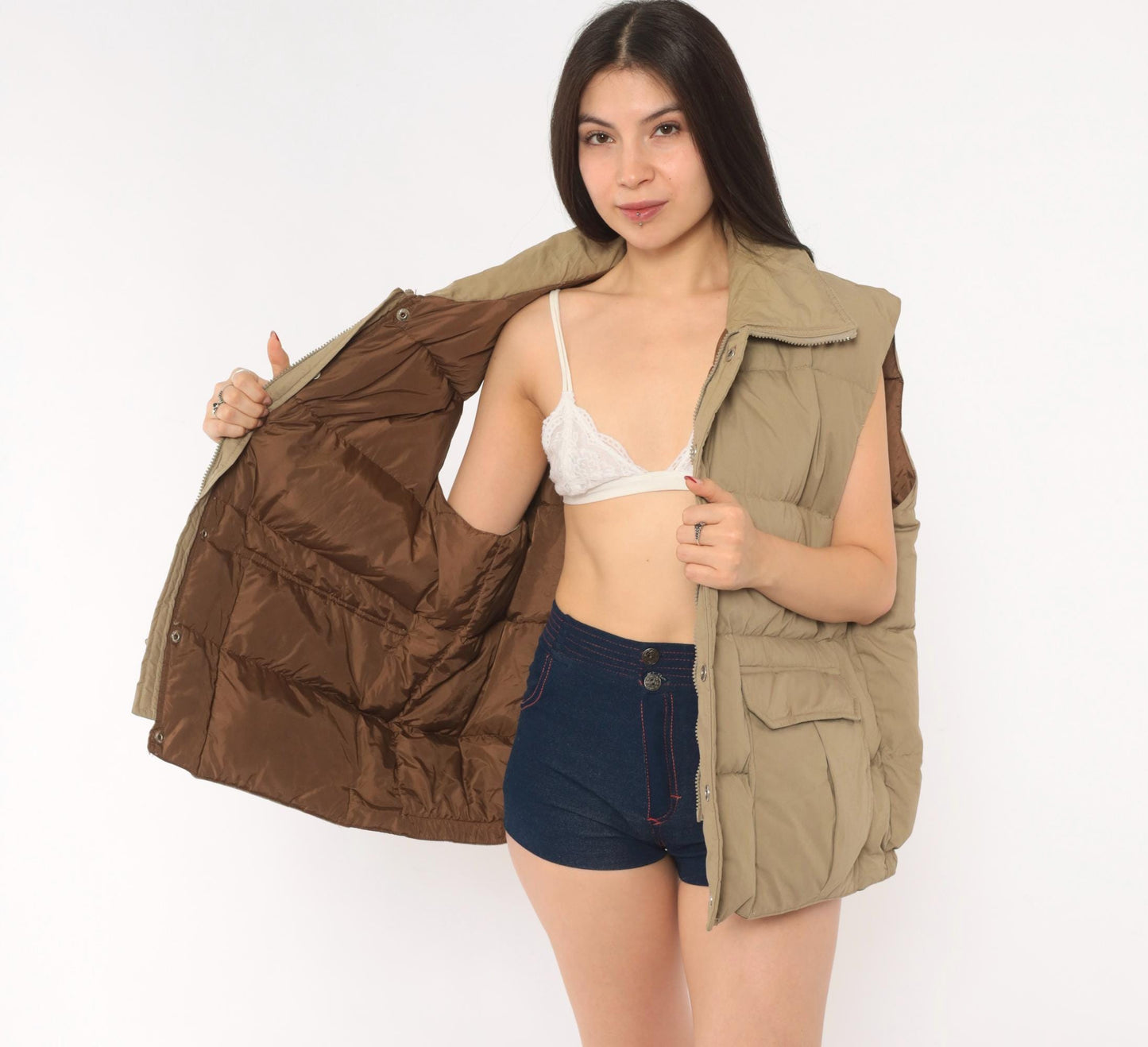80s Tan Puffer Vest Sears Snap Front Quilted Down Gilet Plus Size XXL