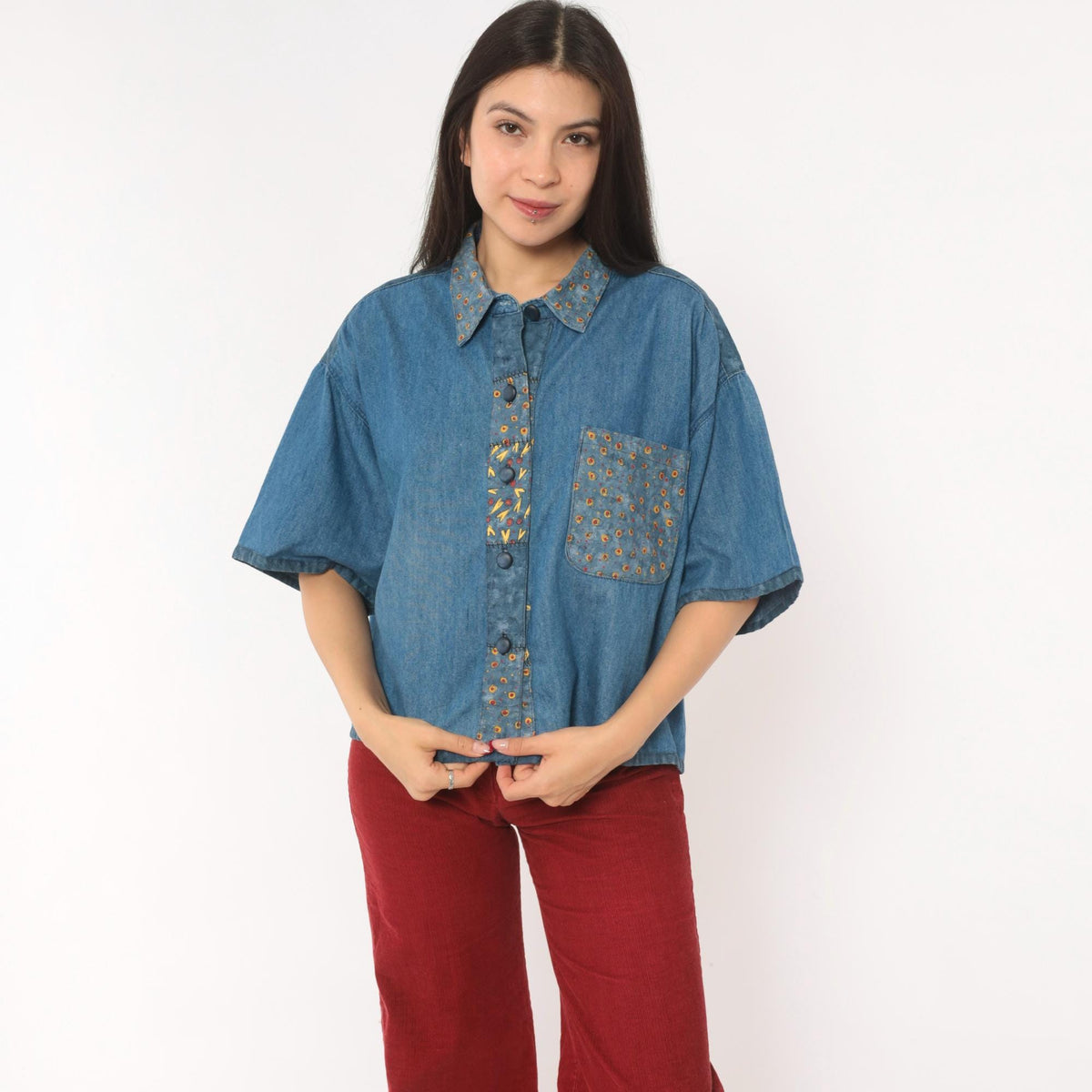 90s St. Jeanne Denim Shirt Patchwork Print Button Front Cotton Extra Large XL