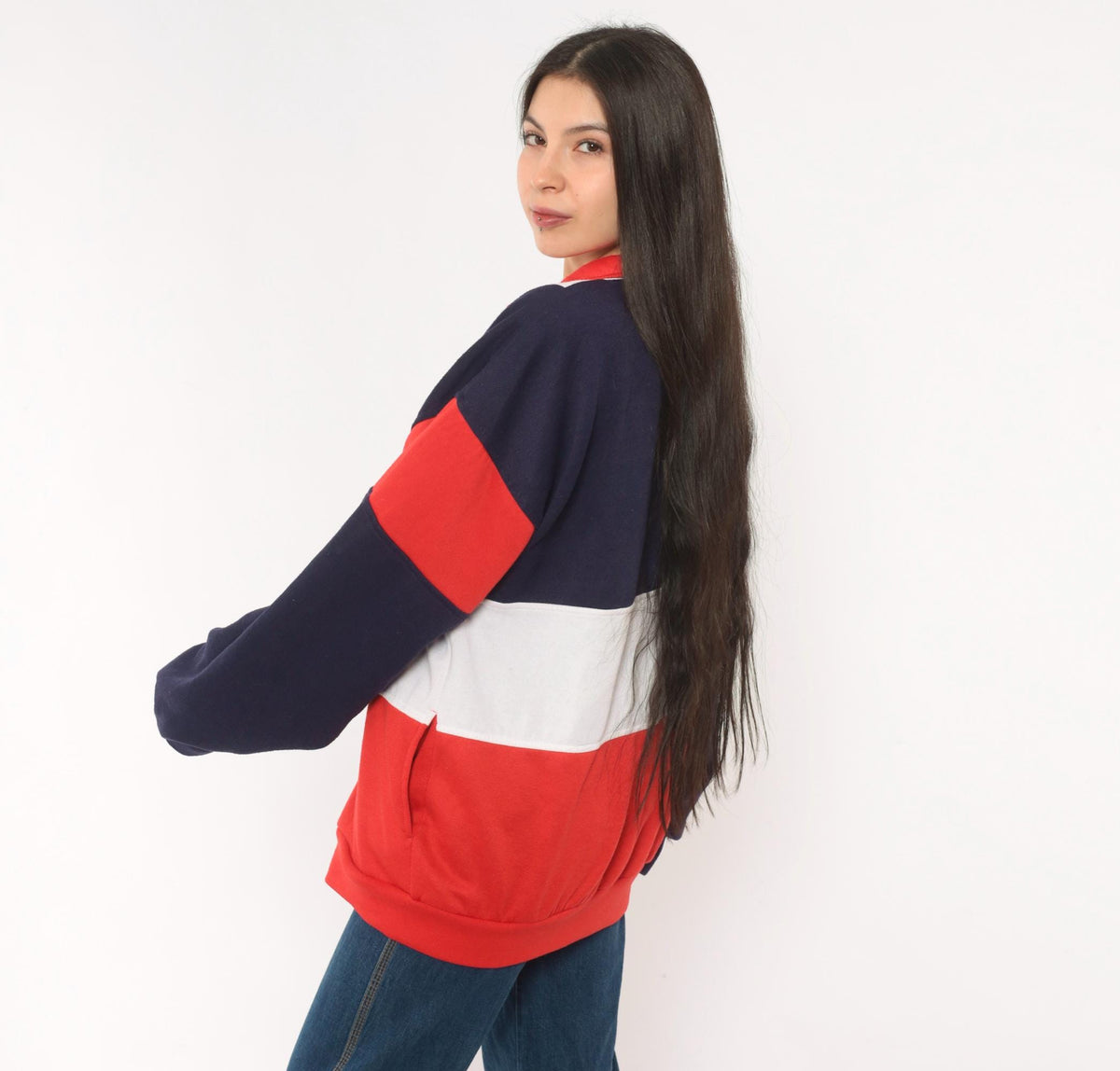 80s Active Wear Color Block Zip Jacket Navy Red White Striped Men's Large