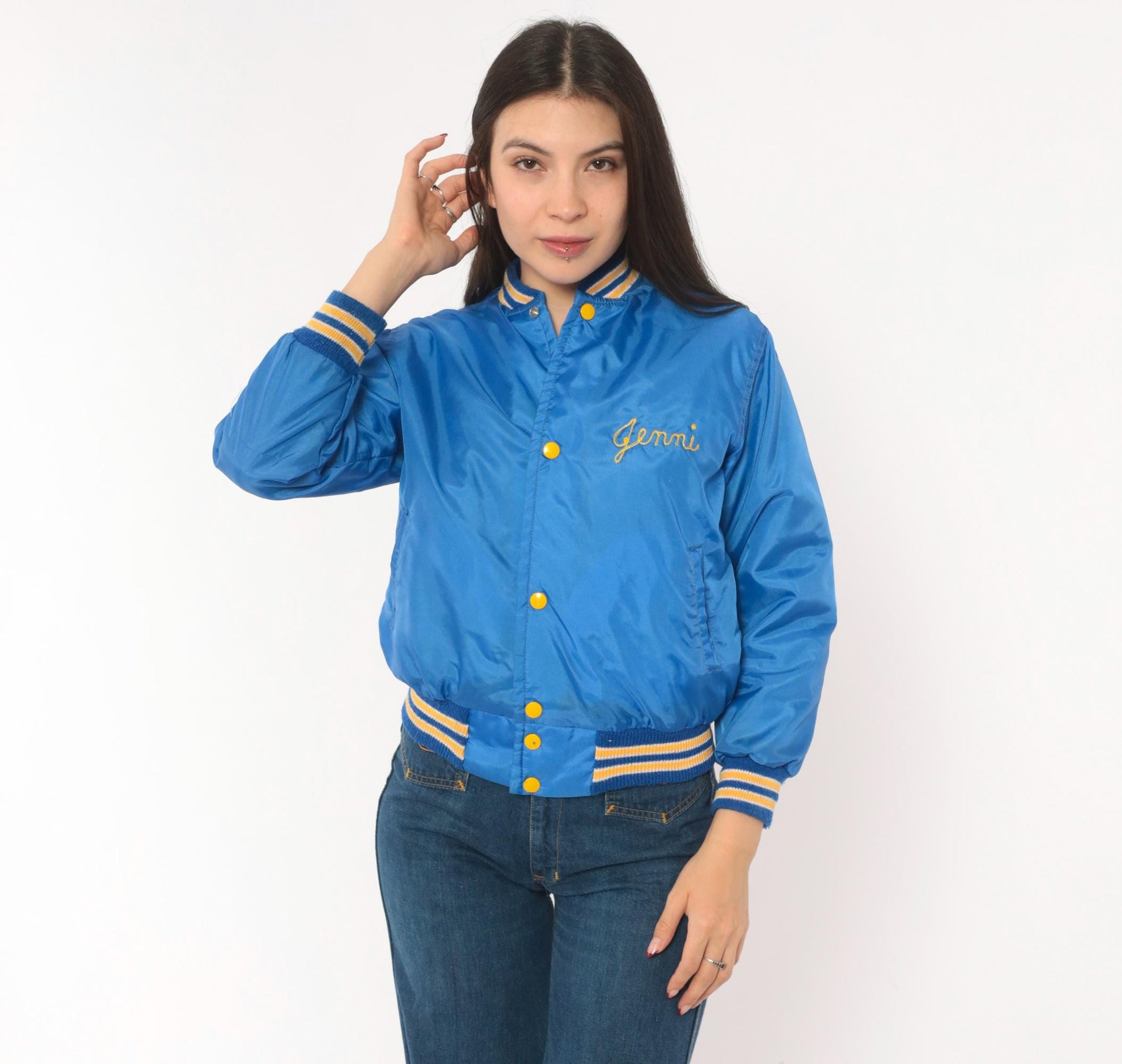80s West Wind Royal Blue Satin Bomber Jacket Hastings Embroidered Gold Lined XS