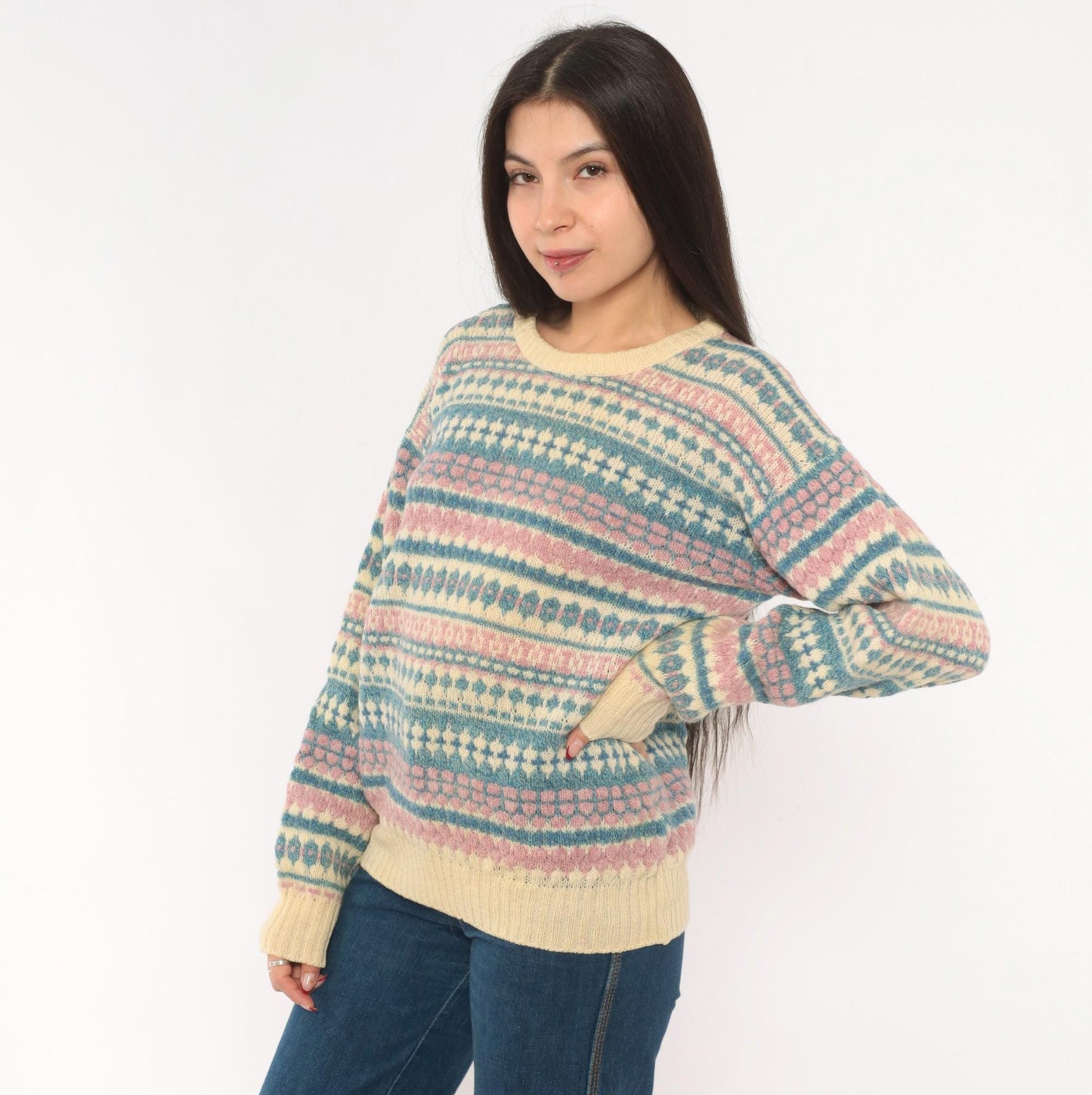 80s American Eagle Fair Isle Wool Sweater Cream Pink Blue Large