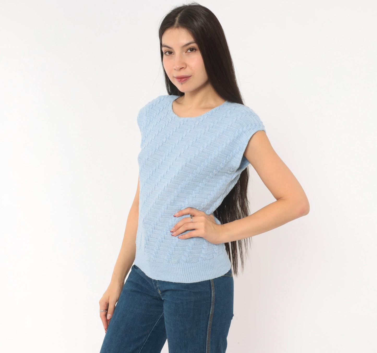 80s King Basketweave Knit Top Cap Sleeve Powder Blue Small Medium