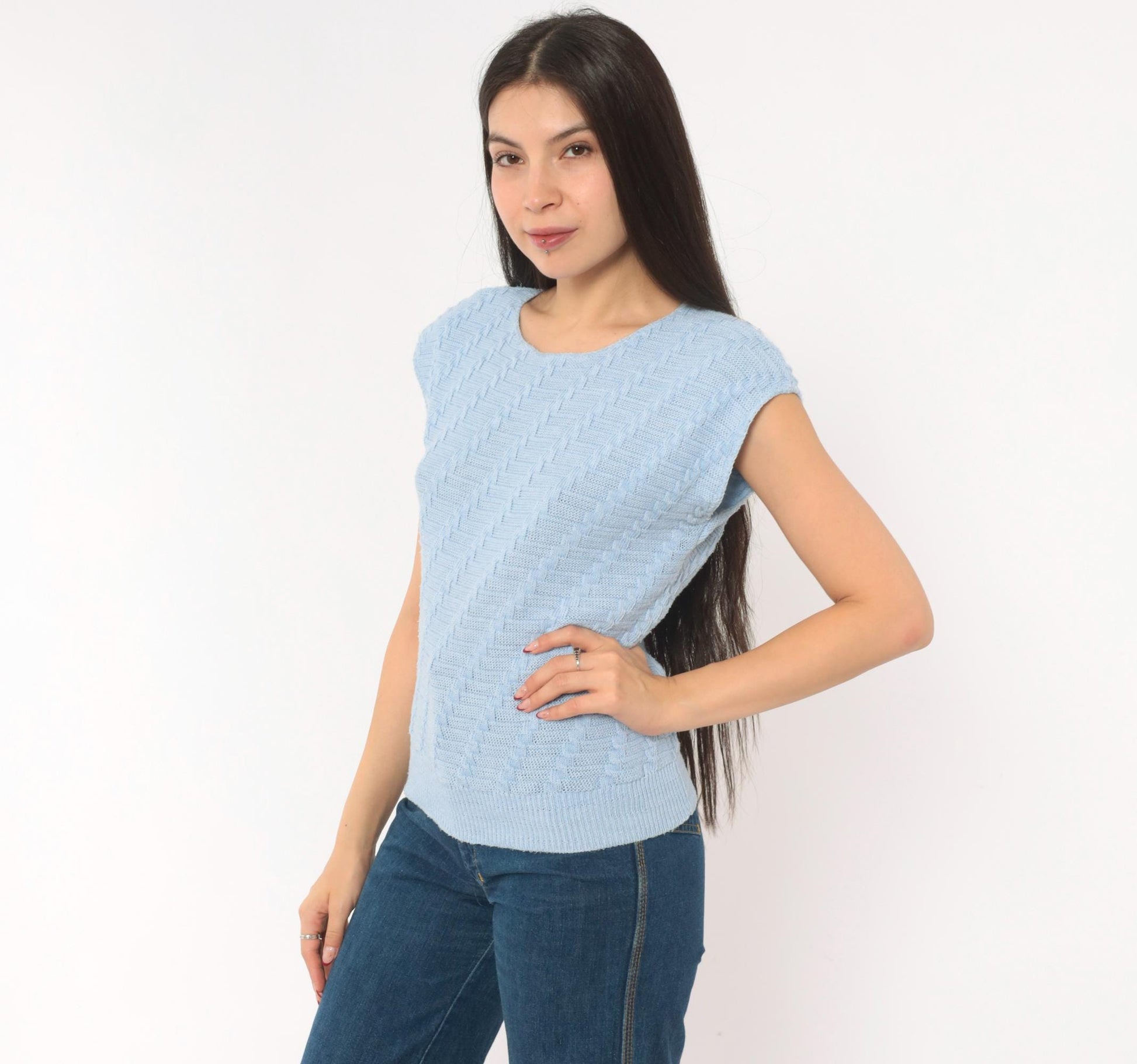 80s King Basketweave Knit Top Cap Sleeve Powder Blue Small Medium