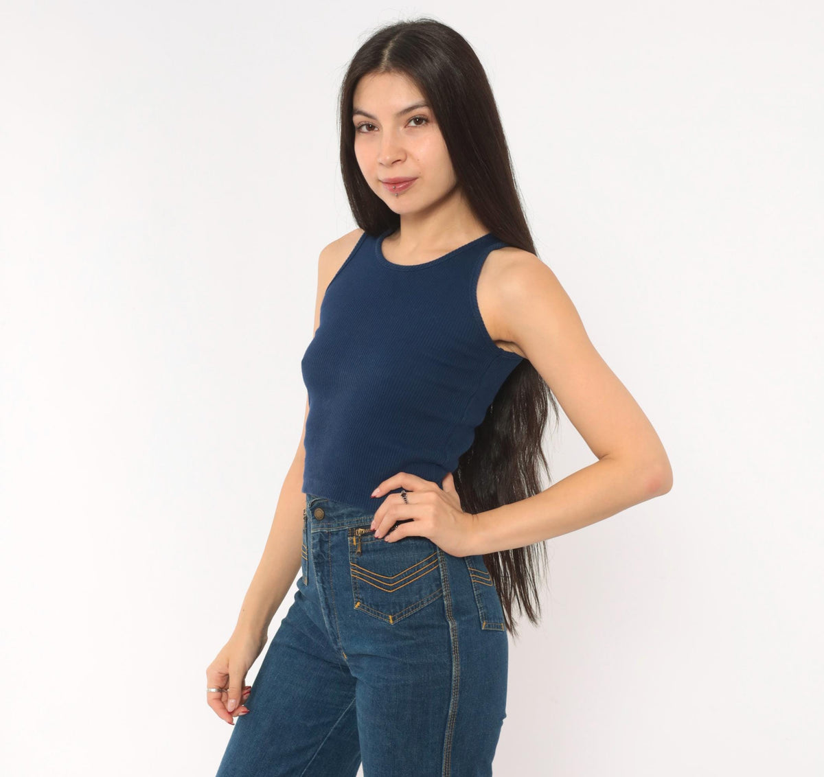 80s Navy Ribbed Tank Top Scoop Neckline Fitted Crop Cotton Extra Small XS
