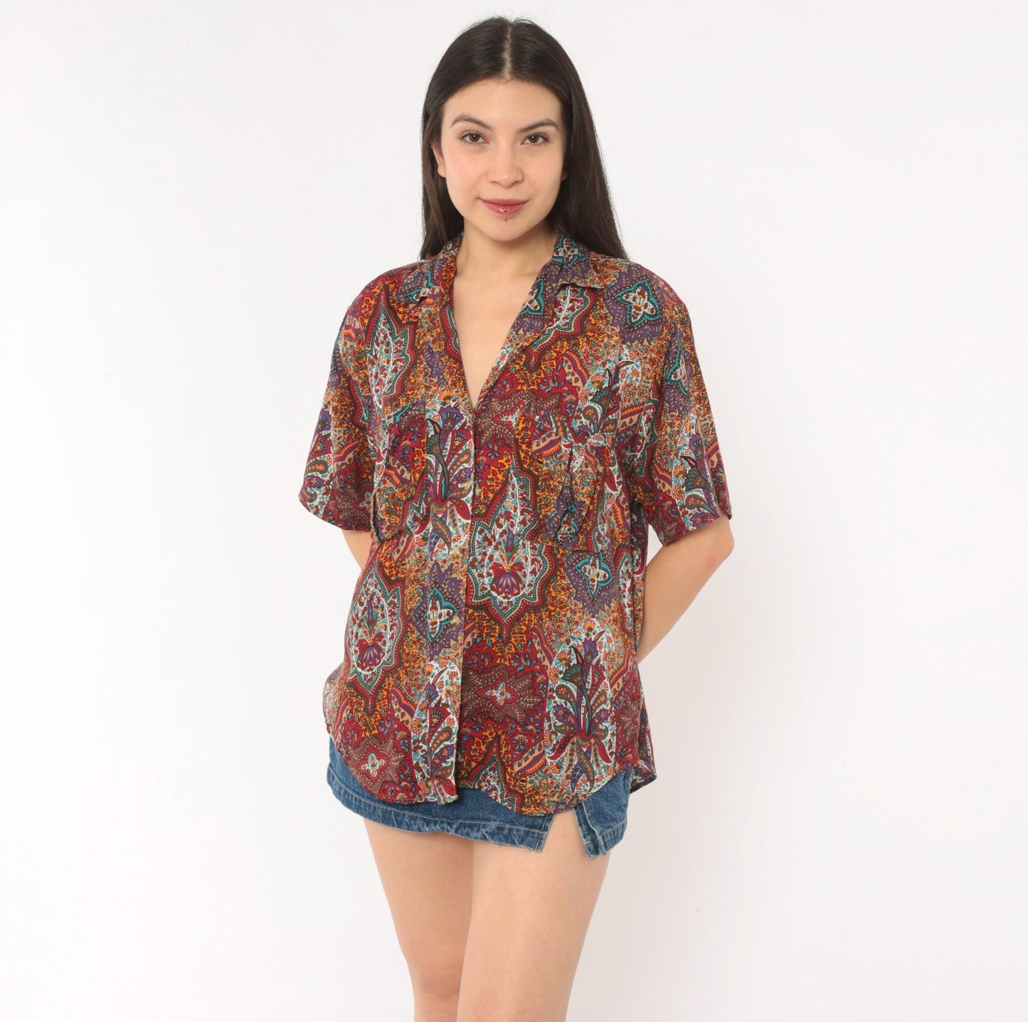 90s Outback Red Paisley Button Front Shirt Camp Collar Purple Medium M