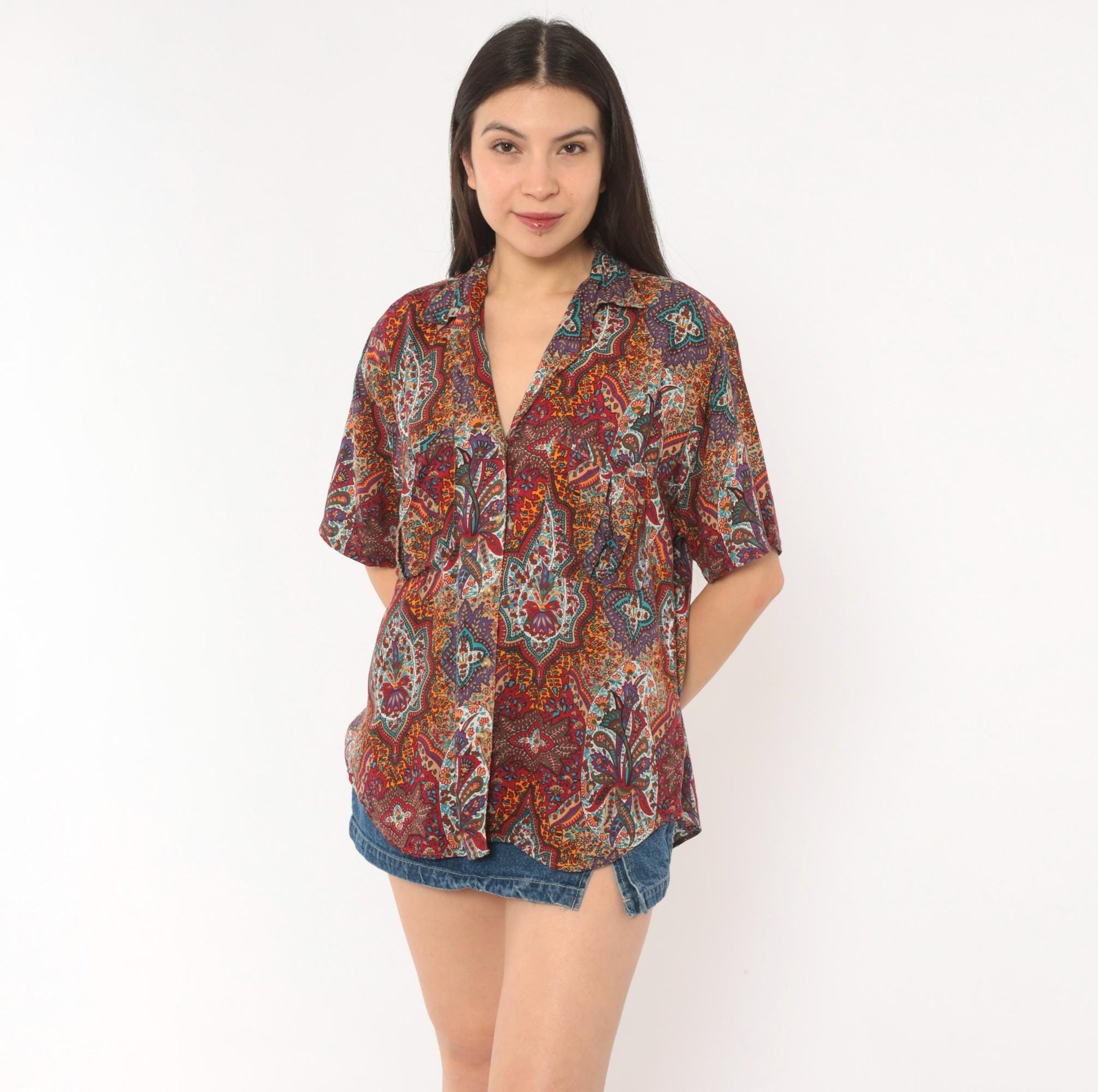 90s Outback Red Paisley Button Front Shirt Camp Collar Purple Medium M