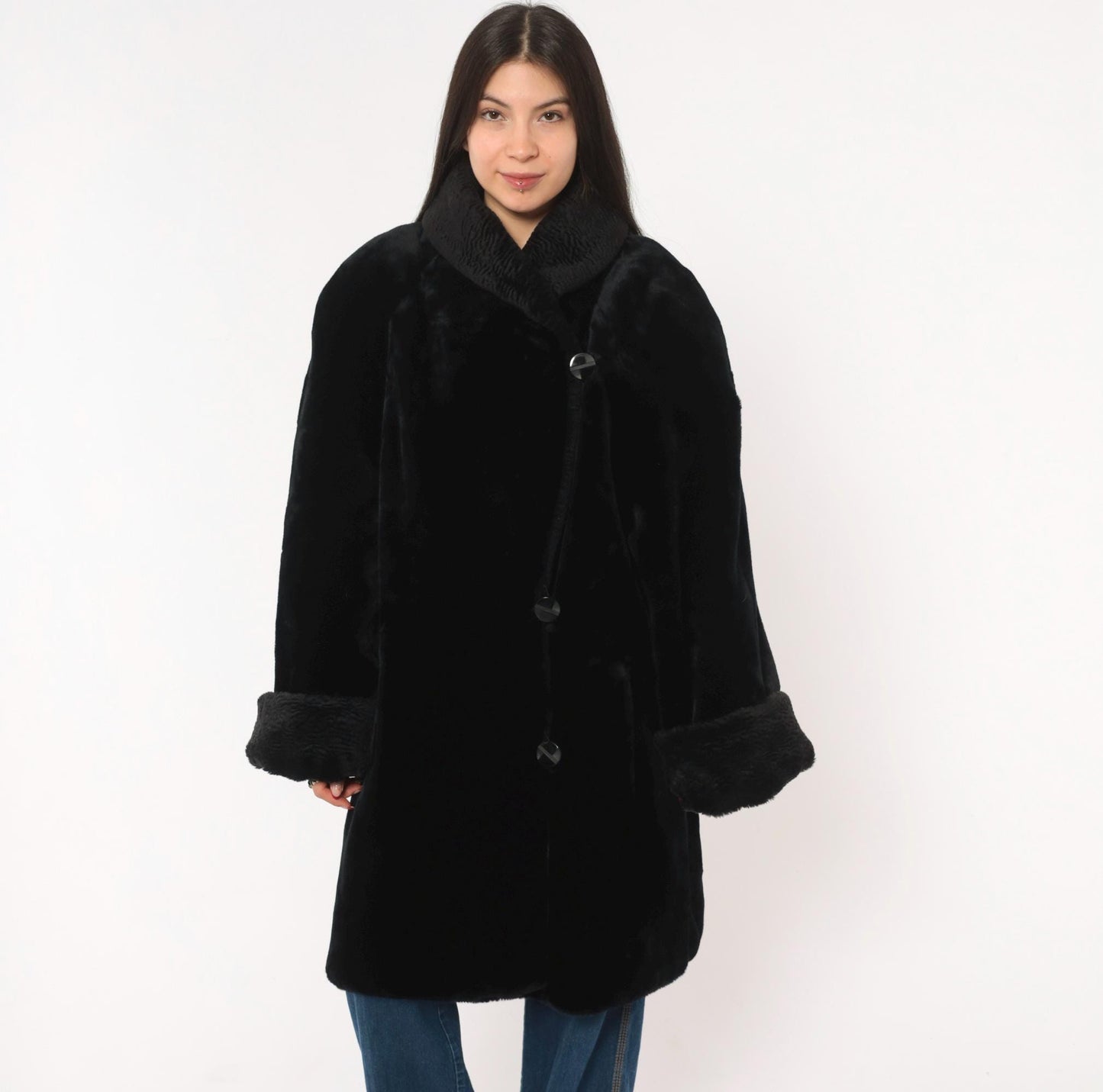70s Gallery Black Faux Fur Coat Astrakhan Collar Knee-Length Extra Large XL
