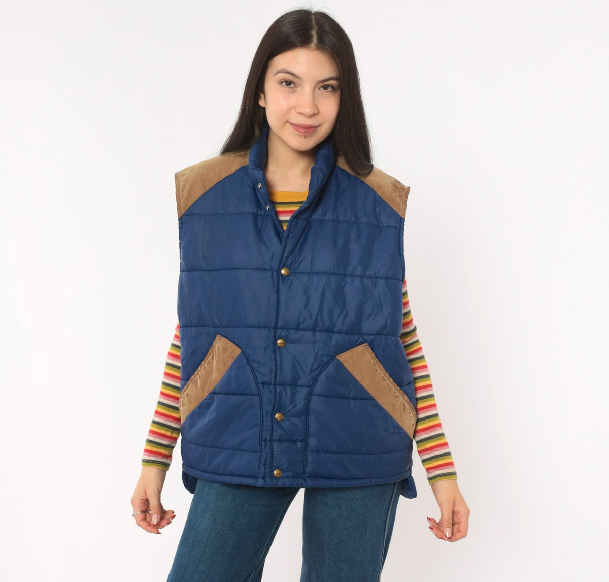 80s Navy Puffer Vest Quilted Suede Trim Snap Front Stand Collar Medium M