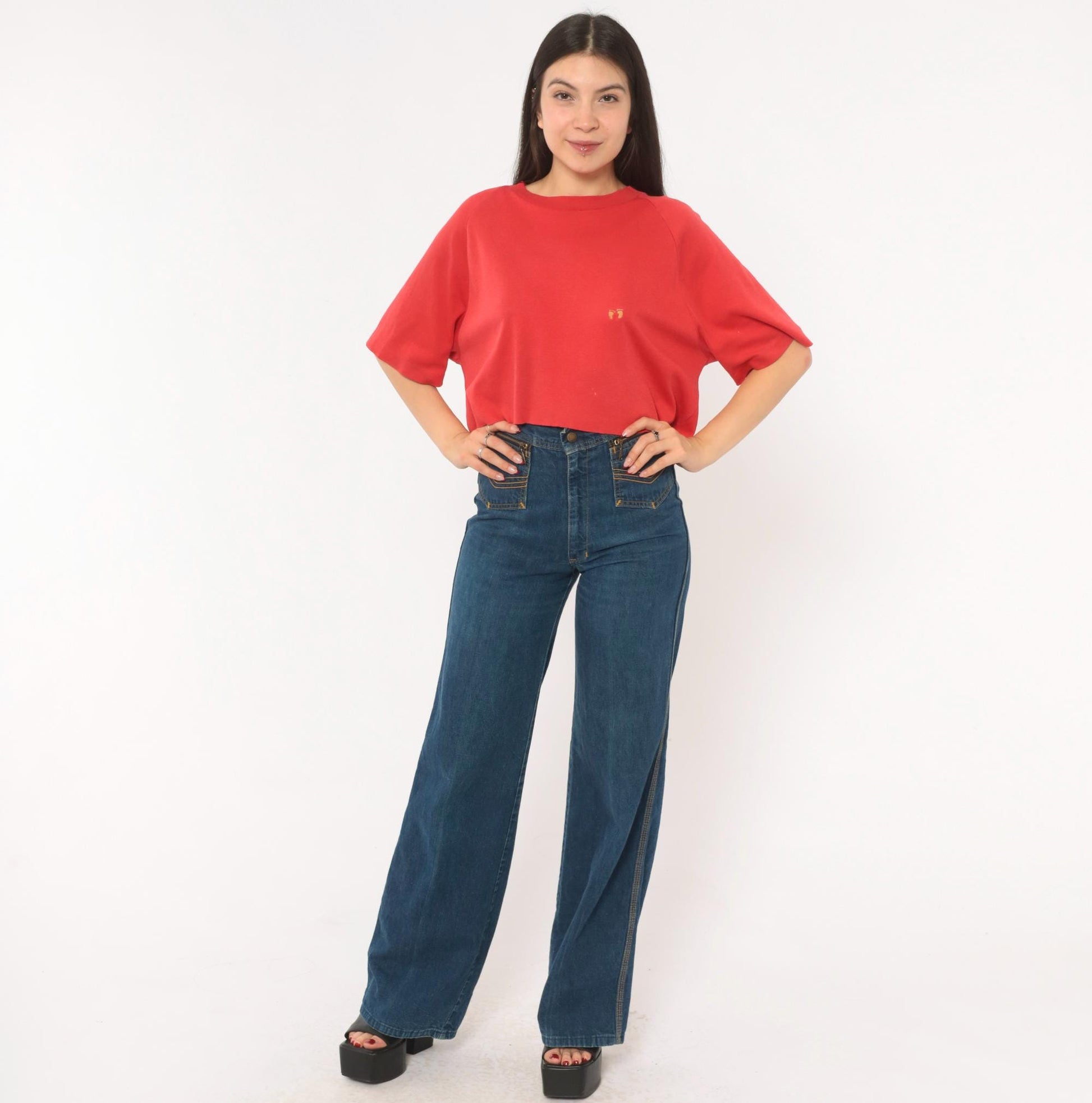 80s Hang Ten Red Cropped Raglan Tee Embroidered Logo Cotton Large L