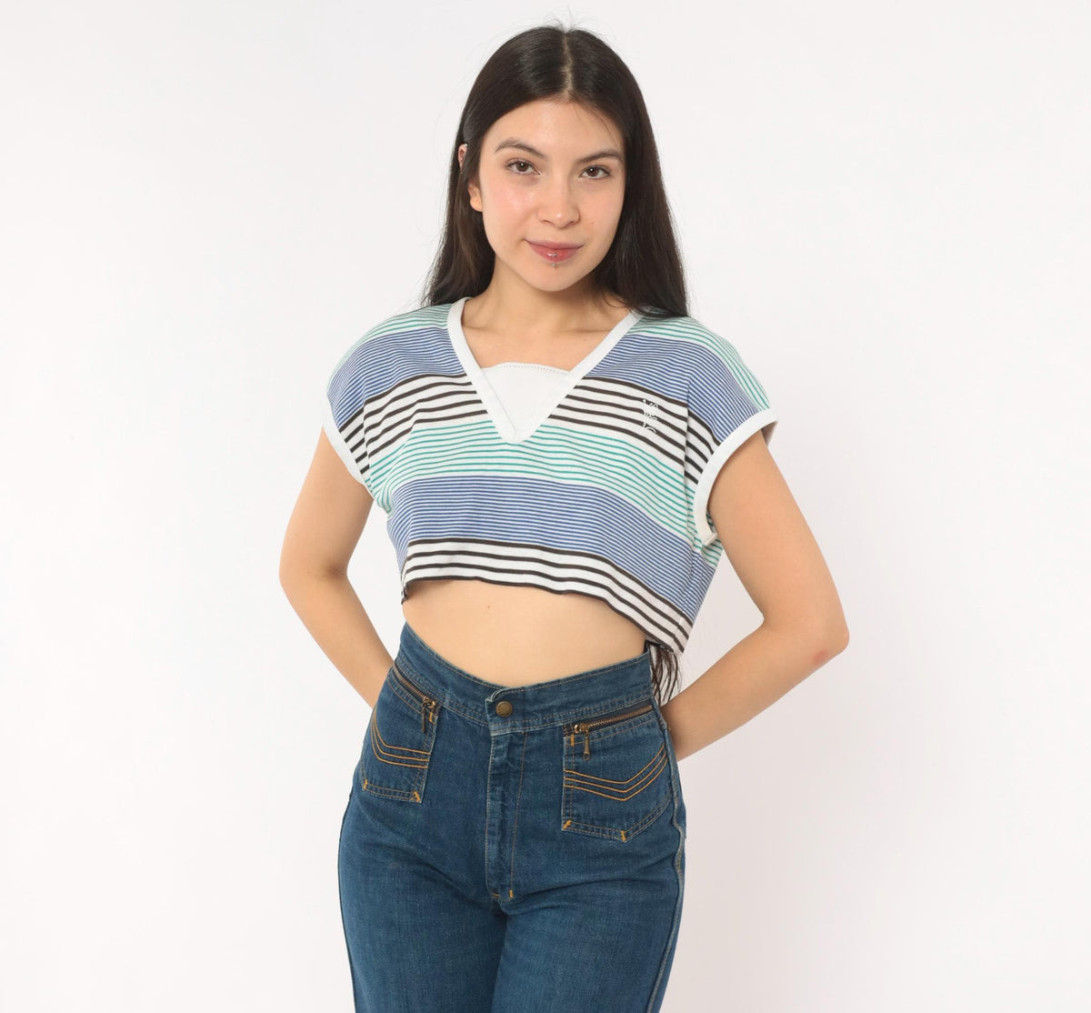 80s Lily's of Beverly Hills Striped Crop Top V-Neck Cap Sleeve Medium