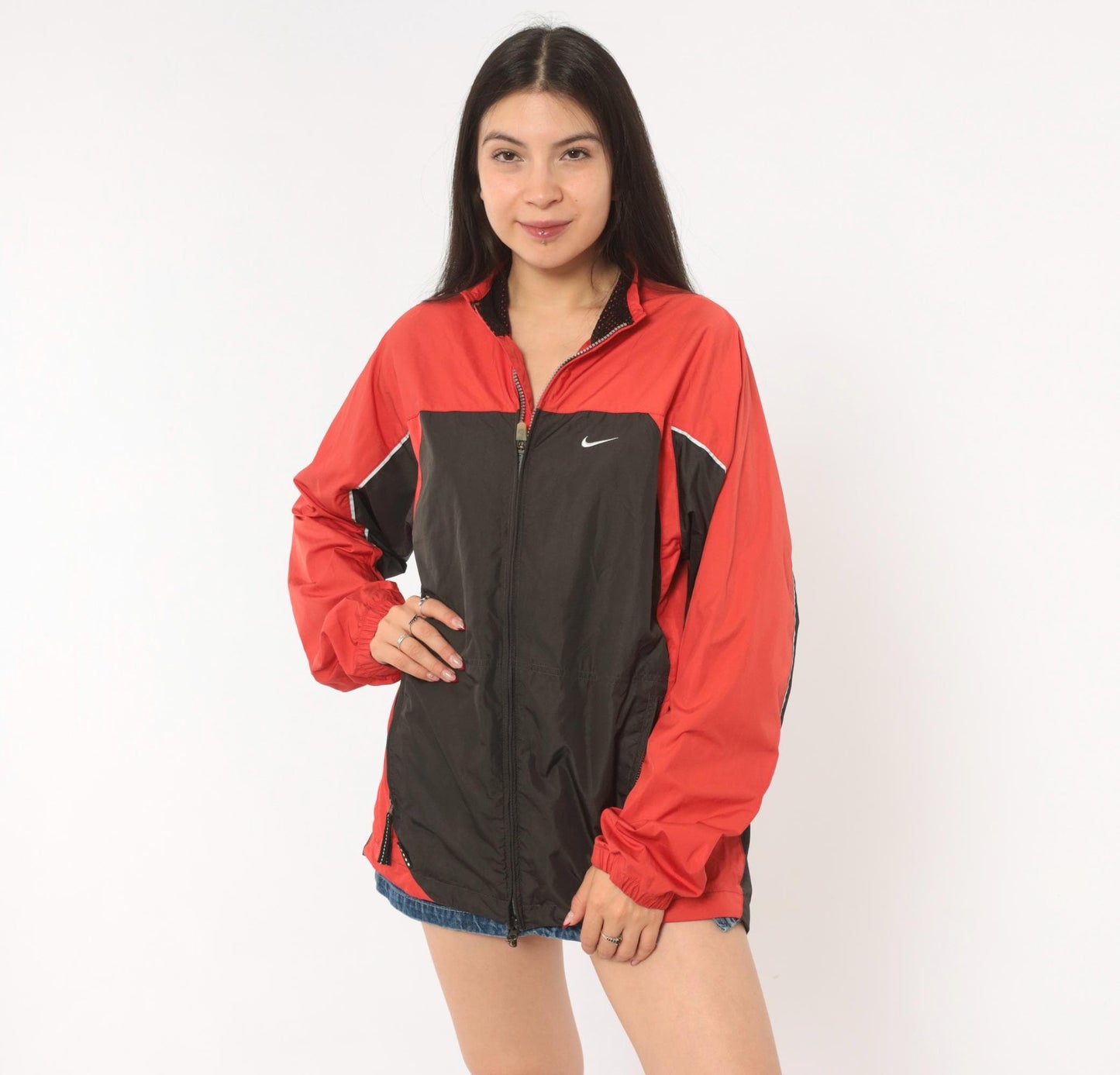 2000s Nike Windbreaker Red Black Color Block Raglan Small S