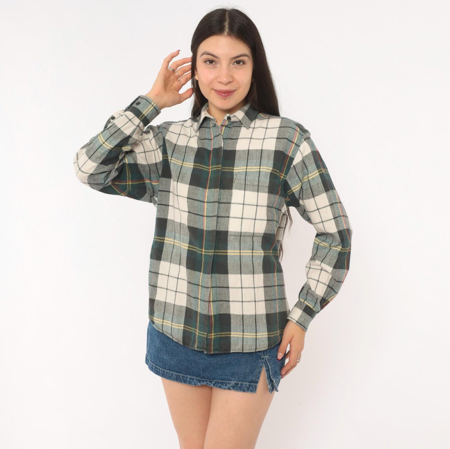 90s Diane Von Furstenberg Plaid Flannel Shirt Grey Green Cream Tartan Blouse