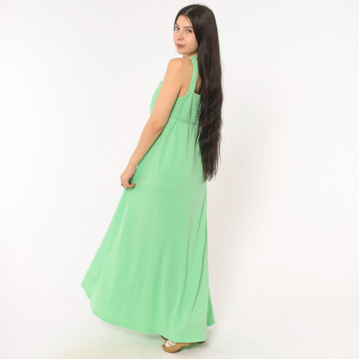 70s Mint Green Halter Maxi Dress Empire Waist Smocked Bodice Open Back Medium