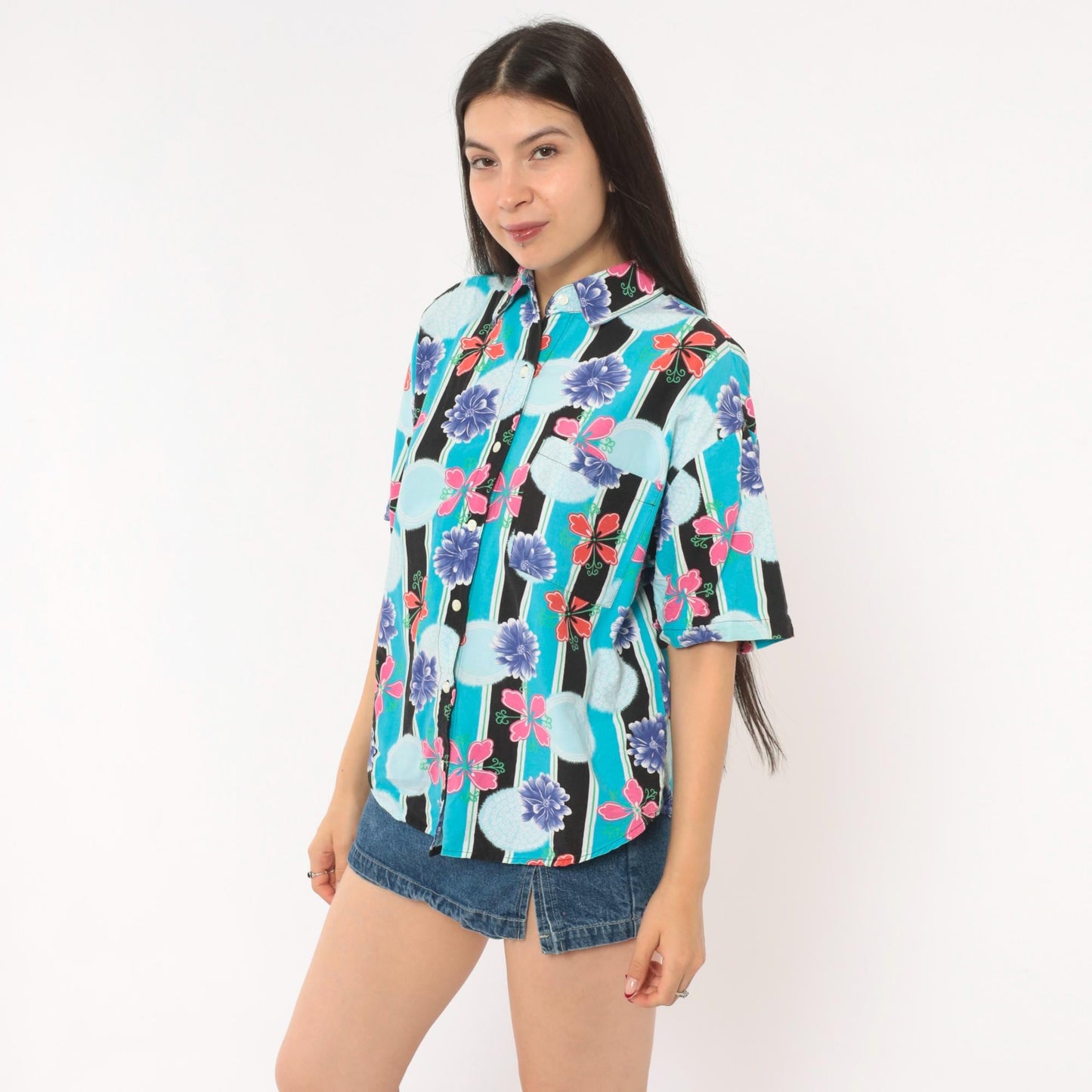 90s Justin Allen Chemise Floral Button Shirt Turquoise Chrysanthemum Medium M