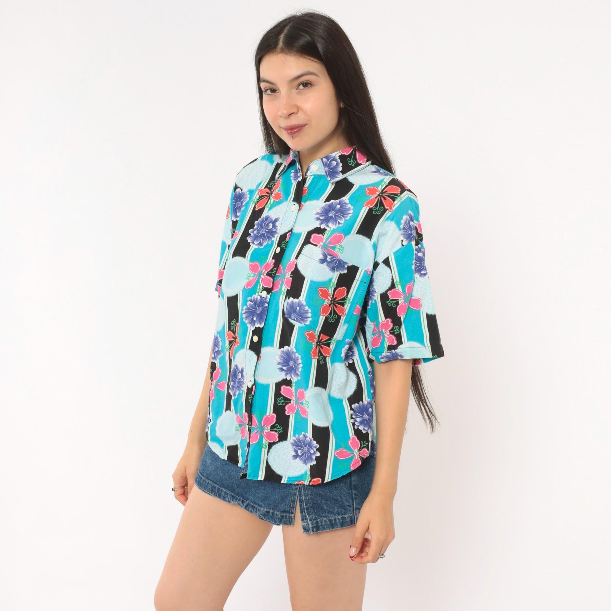 90s Justin Allen Chemise Floral Button Shirt Turquoise Chrysanthemum Medium M