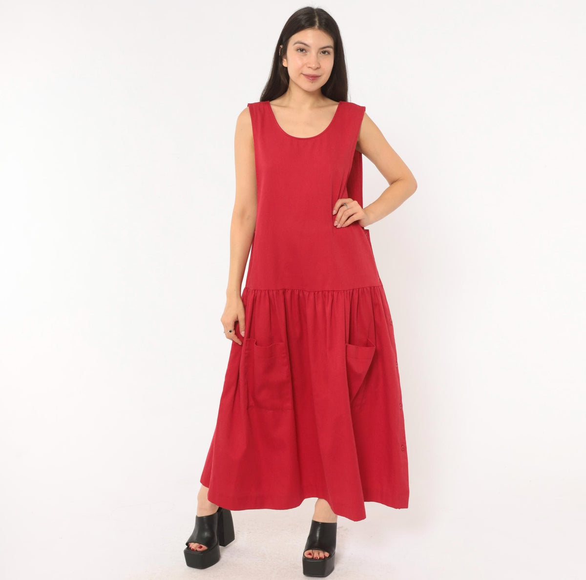 90s Carmel Crimson Red Maxi Dress Drop Waist Sleeveless Scoop Neck Large L