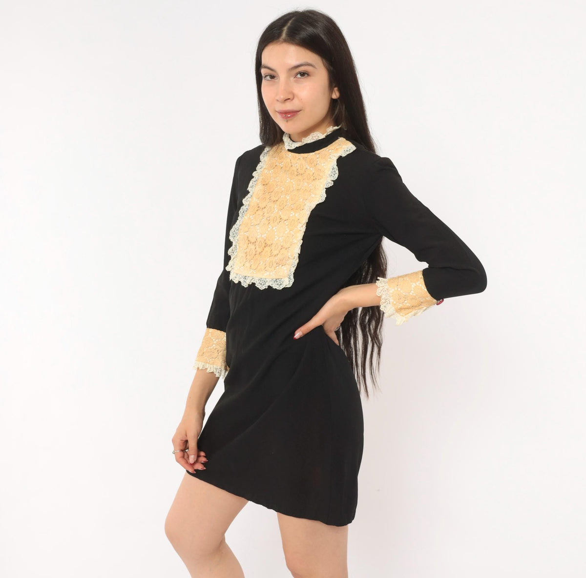 60s Black Mini Shift Dress Cream Lace Bib Mock Neck Ruffle Cuff Extra Small