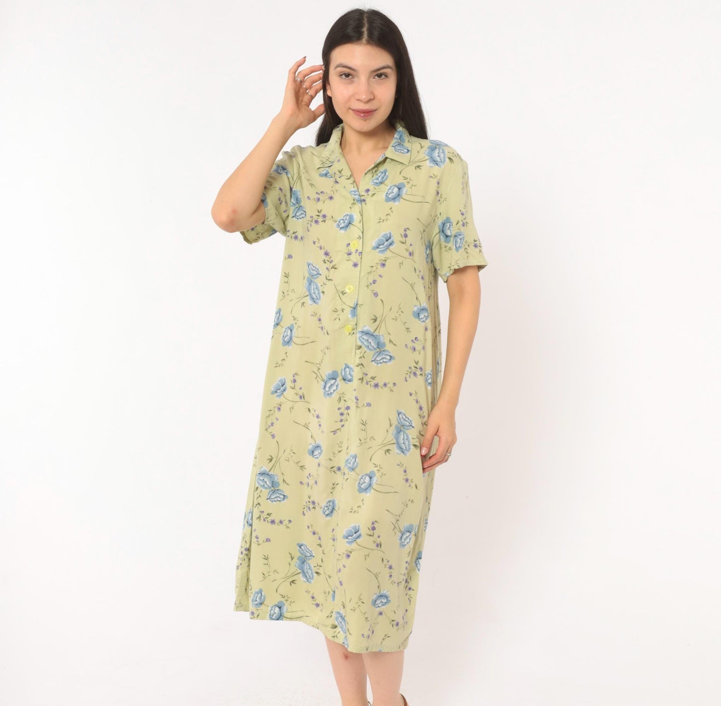 90s Sage Green Floral Shirt Dress Blue Rose Print Midi Medium M