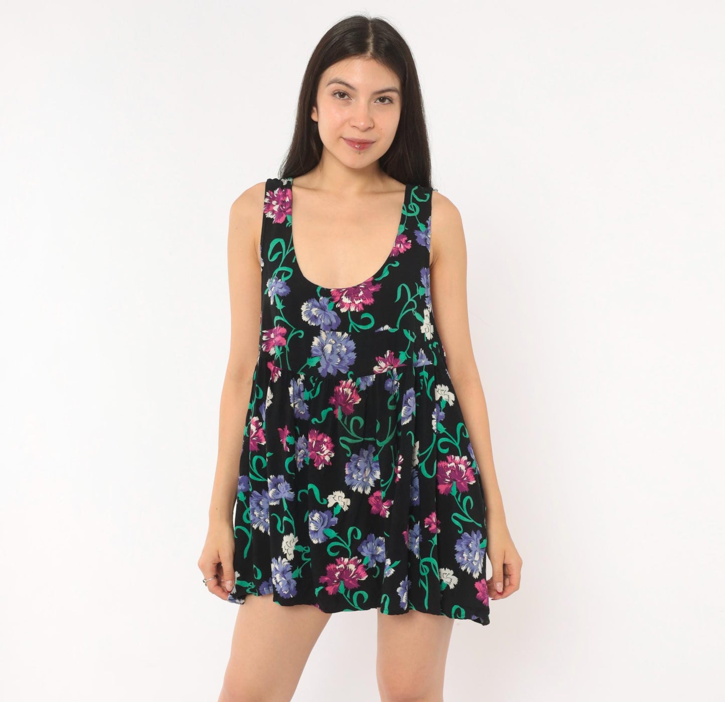 90s Katy D Floral Babydoll Mini Dress Black Empire Waist Scoop Neck Medium M