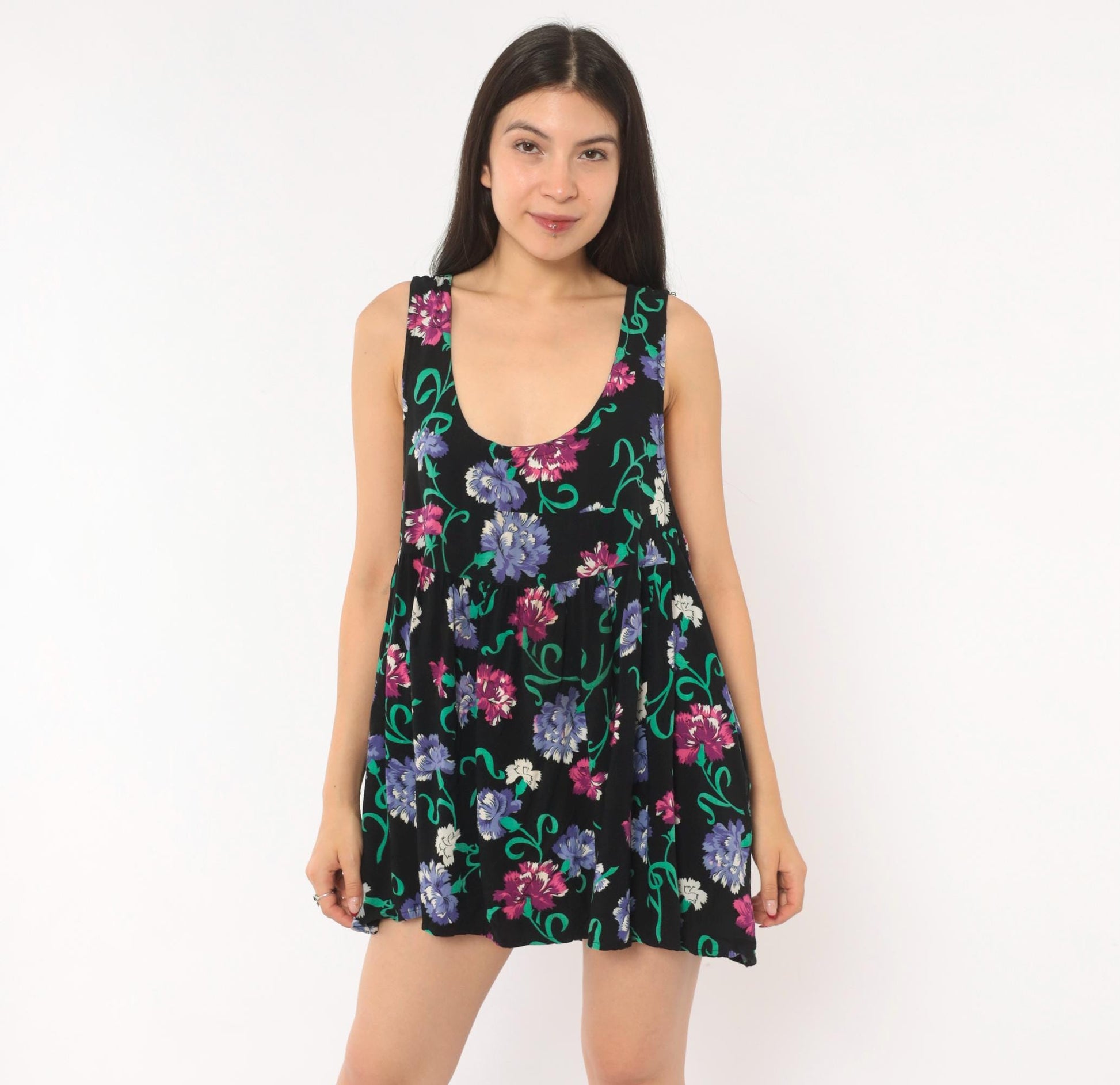 90s Katy D Floral Babydoll Mini Dress Black Empire Waist Scoop Neck Medium M