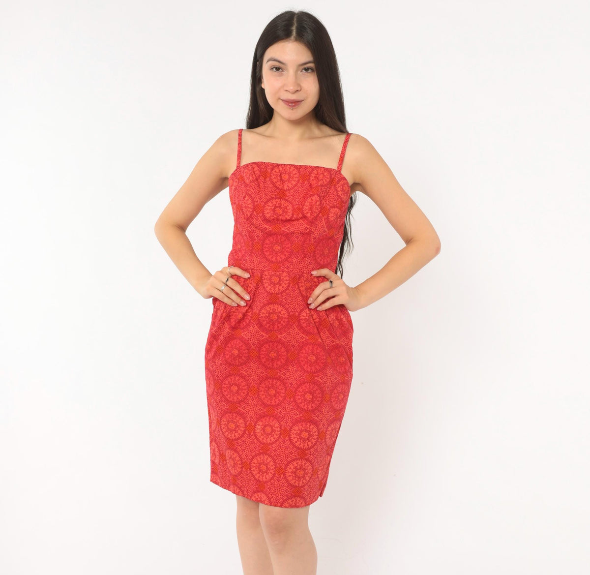 60s Medallion Print Sundress Red Orange Square Neckline Fitted Bodice Small