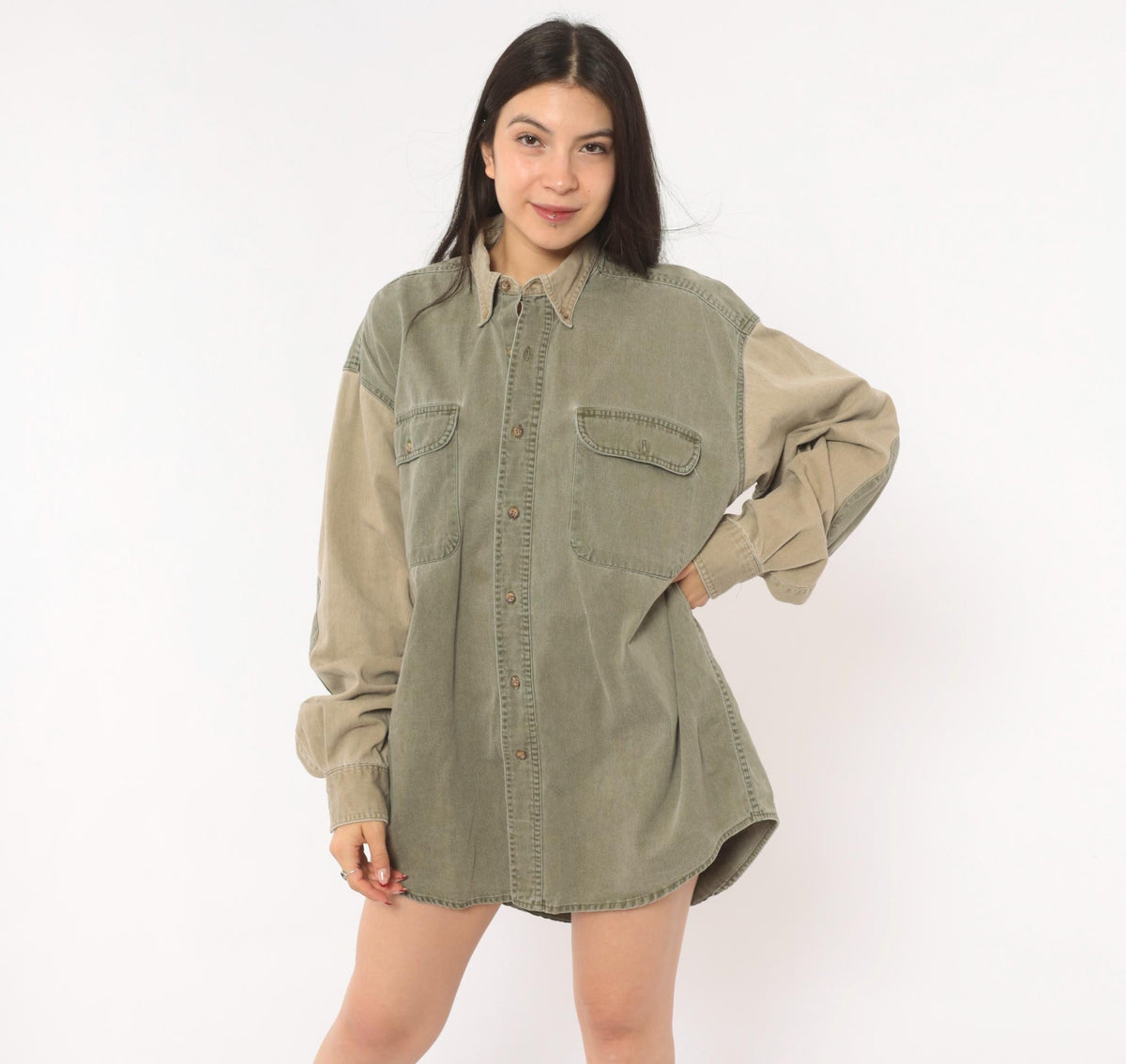 90s Redhead Two-Tone Corduroy Button-Up Shirt Olive Tan Large L