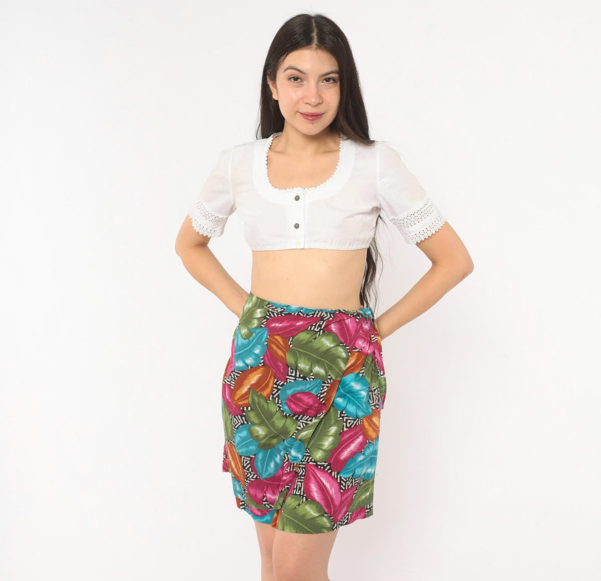 90s Cristin Stevens Tropical Leaf Wrap Skort Magenta Teal Mini Extra Large XL