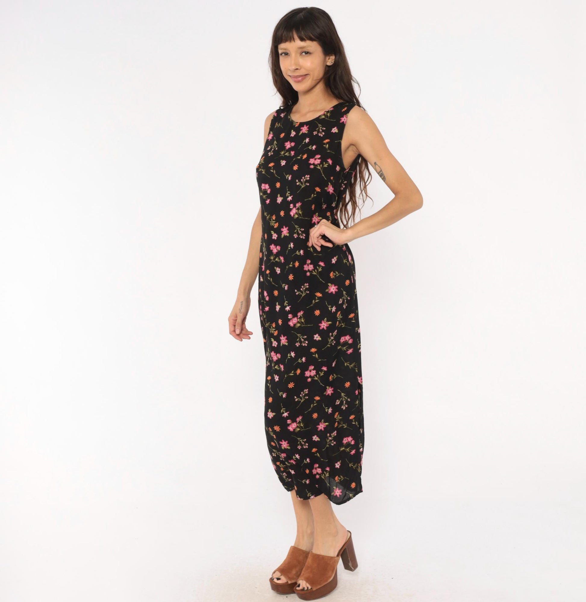 90s Casual Corner Annex Black Floral Maxi Dress Sleeveless Small