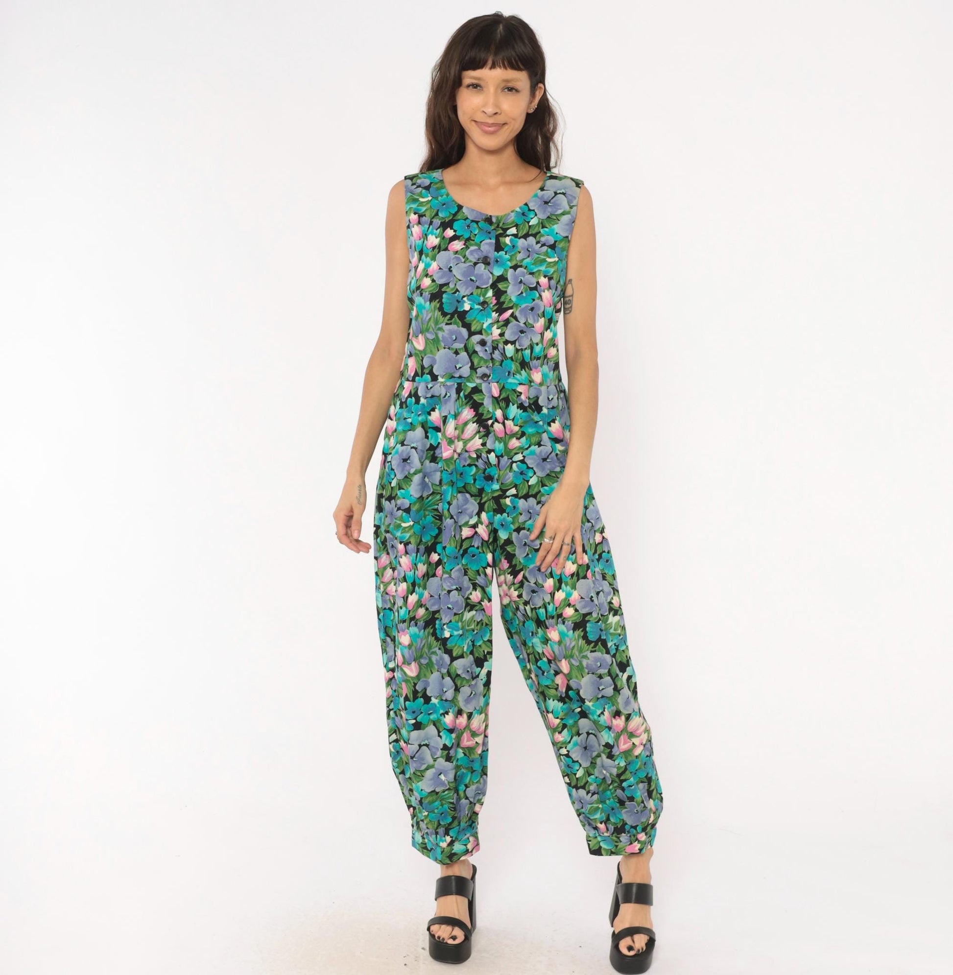 90s Maggie Breen Floral Jumpsuit Sleeveless Cotton Wide Leg Black Garden Print Medium