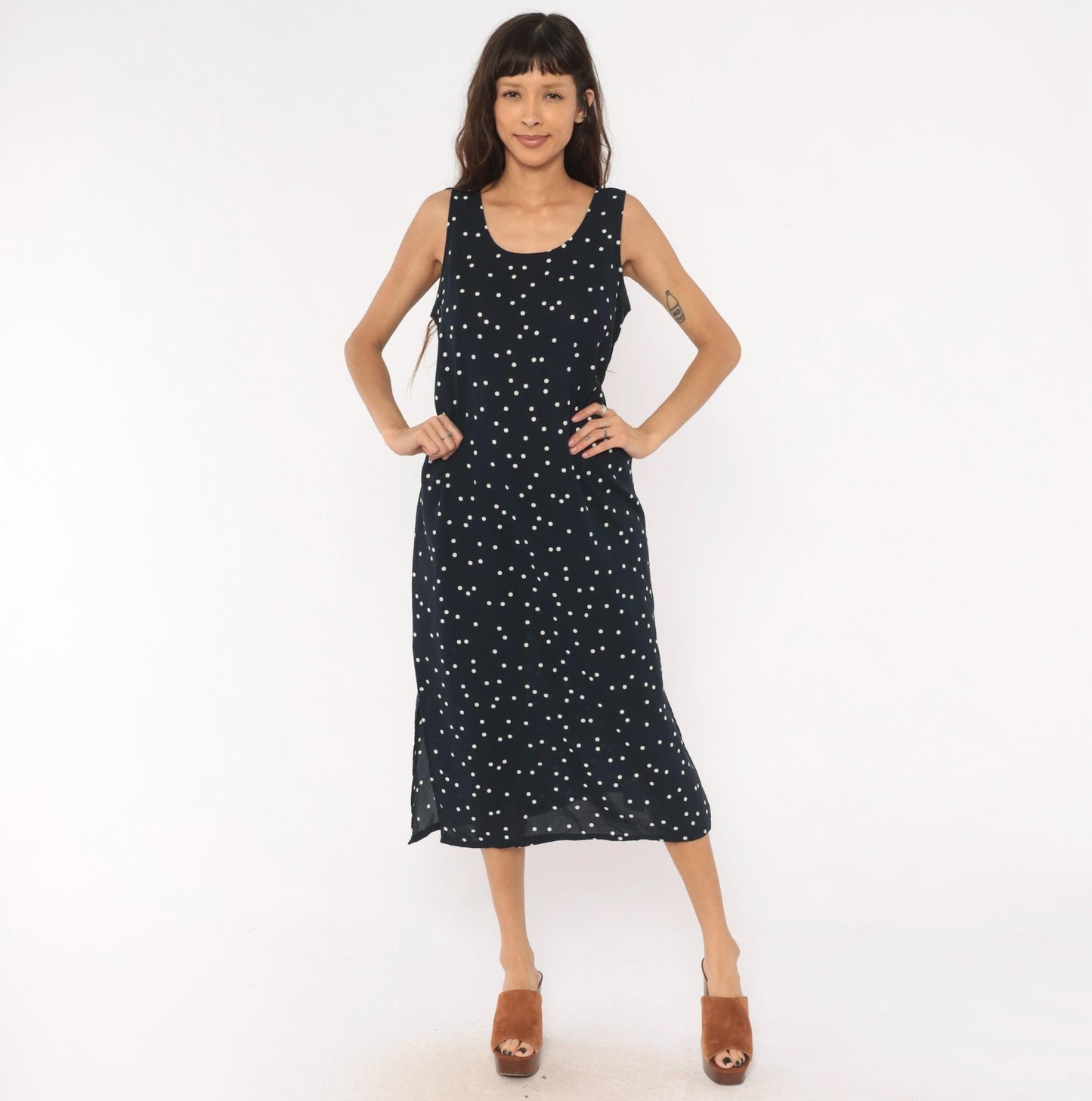 90s Navy Polka Dot Midi Dress Sleeveless Scoop Neck White Spotted Medium
