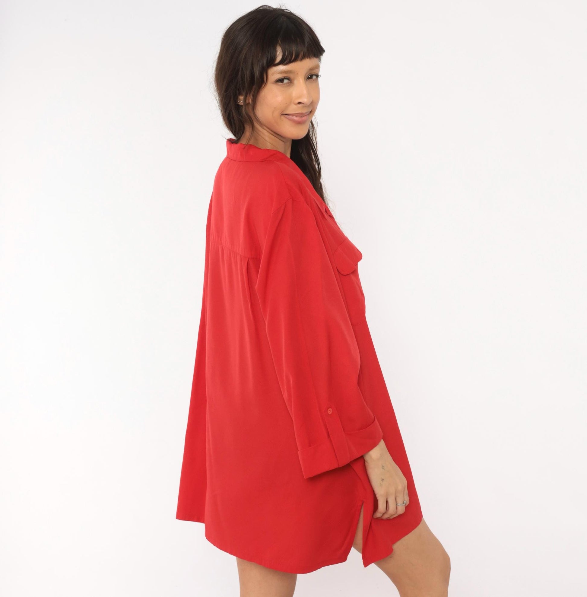 90s Carolina Colours Plus Red Camp Collar Shirt Dress Mini XXL