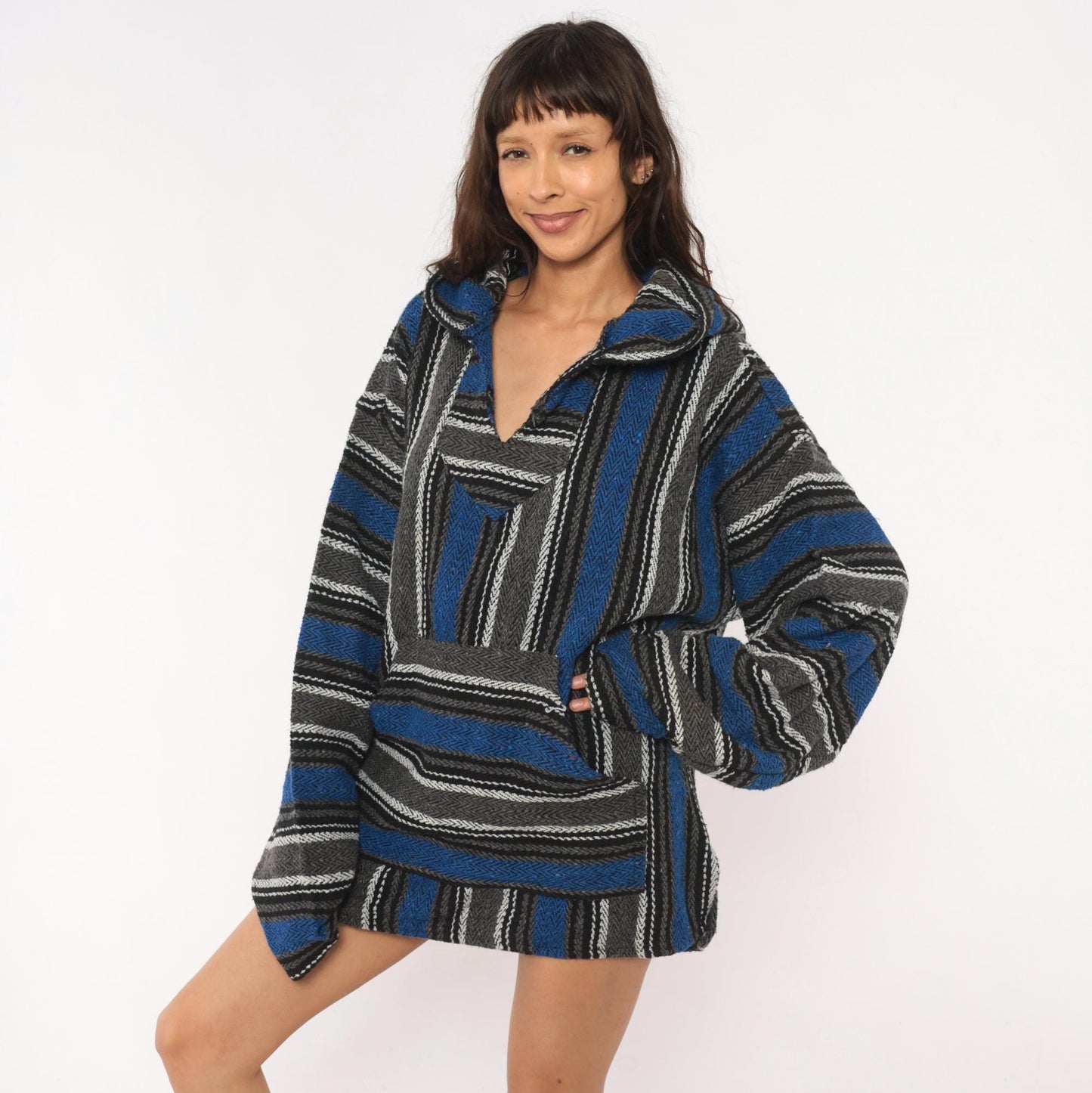 90s Earth Ragz Baja Hoodie Navy Grey Striped Herringbone Plus Size XXL