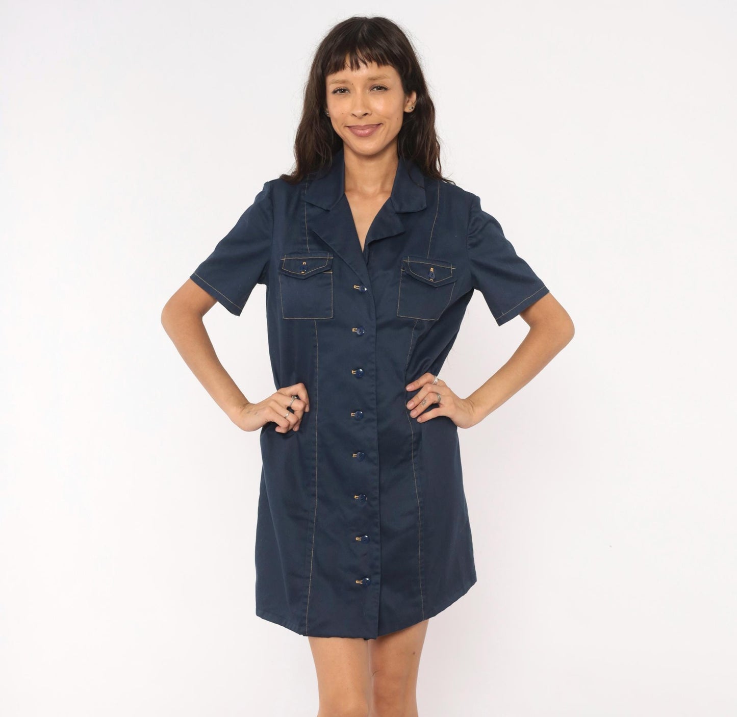 60s Navy Cotton Shirt Dress Button Front Notched Collar A-Line Medium M