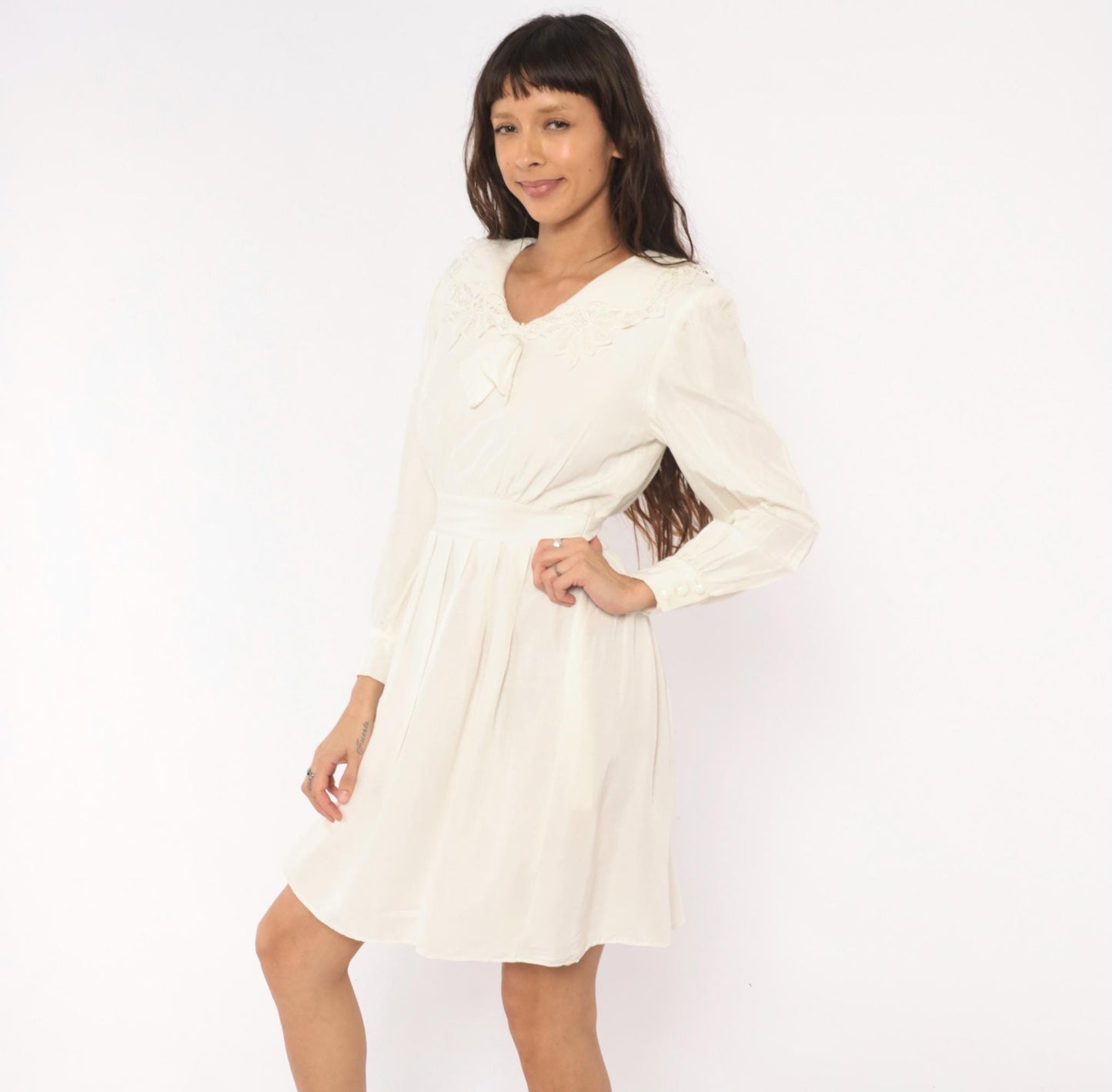 80s Lanz Originals Cream Lace Collar Puff Sleeve Dress Pleated Skirt Small S