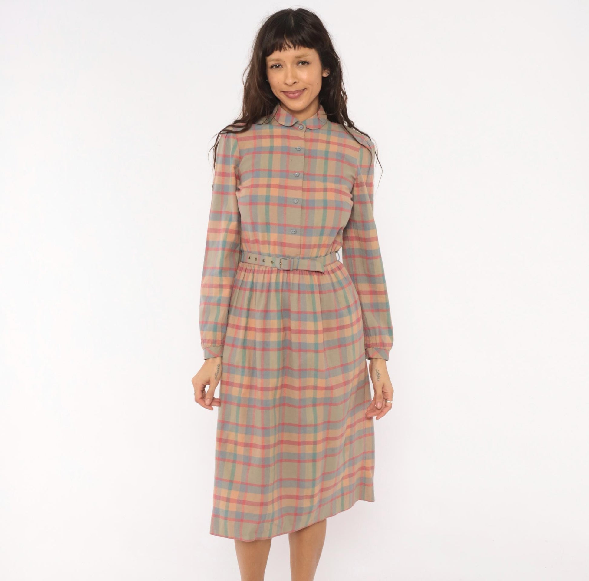 80s St. Maxime Plaid Shirtdress Peter Pan Collar Pastel Pink Blue Tan Medium